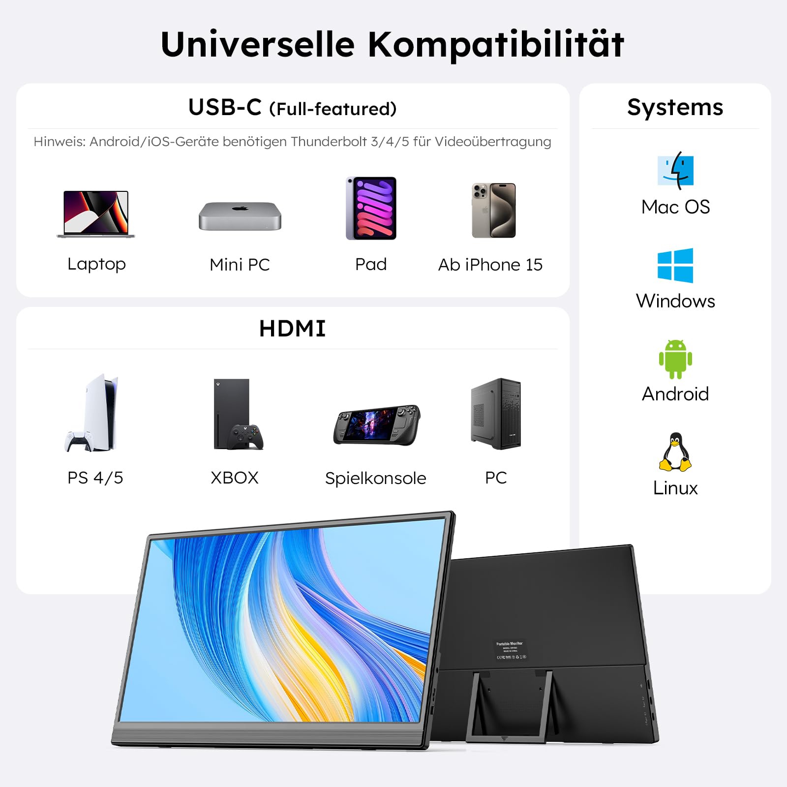 Tragbarer Monitor 15,6'' FHD 1080P IPS – Ultradünnes Portable Monitor mit Ständer, VESA-Befestigung und Lautsprechern, Mini HDMI/USB-C, kompatibel mit Laptop/PC/Mac/Xbox/PS/Switch
