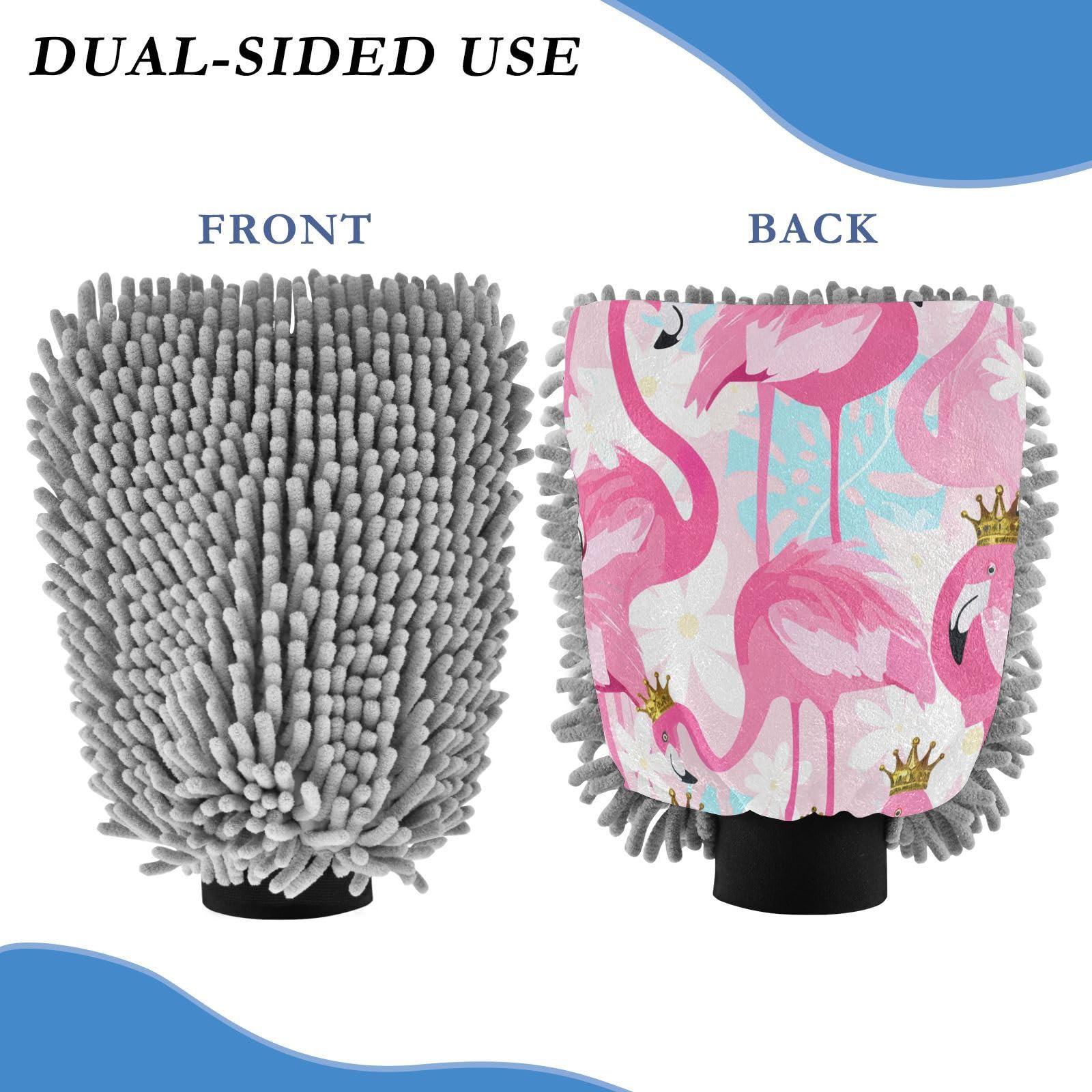 STAYTOP Pretty Flamingo Car Wash Mitt Microfiber, 2Pcs Scratch Free Lint-Free, Premium Chenille Microfiber Mitt Car Wash Brush-M