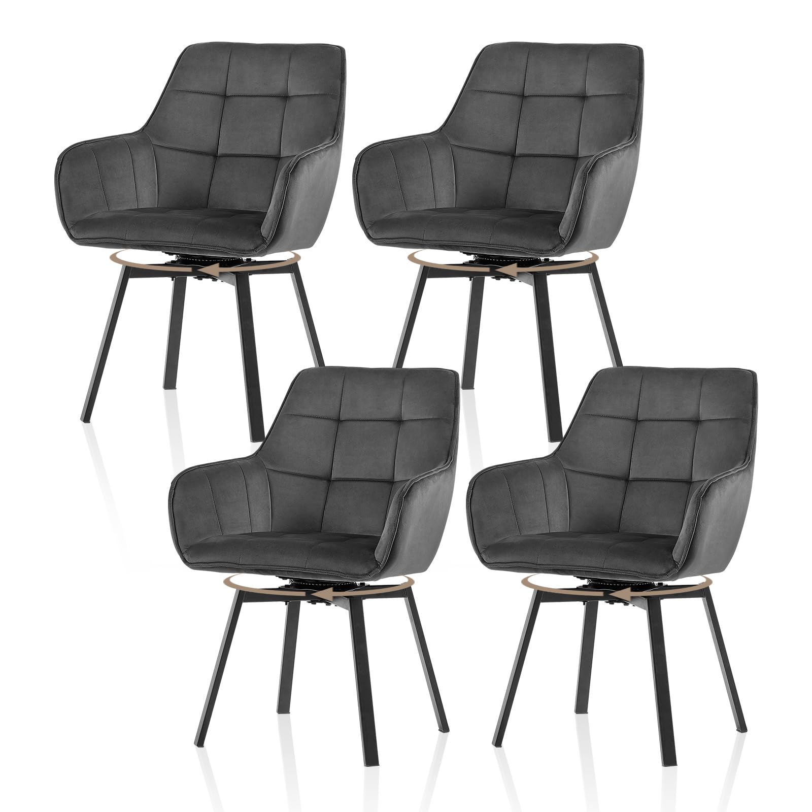 TUKAILAI Esszimmerstühle Drehbar, Drehstuhl esszimmer Samt mit Armlehnen Rückenlehne Gepolsterter Sitz Metallbeine, Armlehnstuhl Küchenstühle Polsterstuhl (Dunkelgrau, 4er Set)
