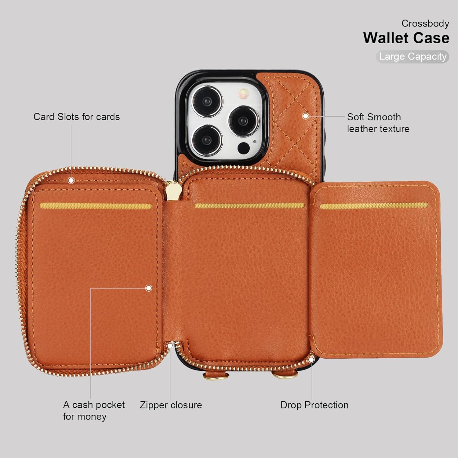 Bocasal Crossbody Wallet Case for iPhone 15 Pro, RFID Blocking PU Leather Zipper Handbag Purse Flip Cover, Kickstand Folio Case with Card Slots Holder Wrist Strap Lanyard 5G 6.1 Inch (Brown)