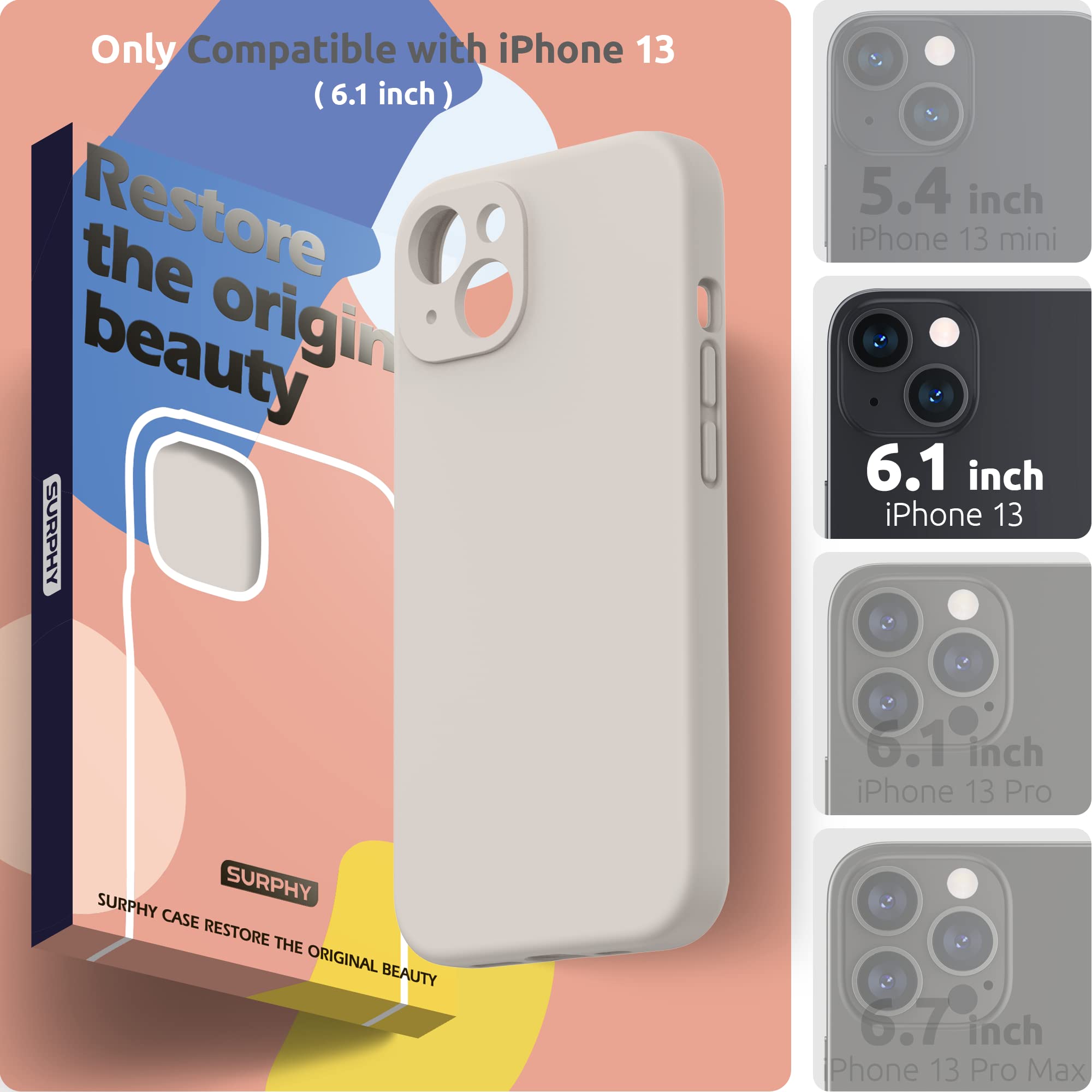 SURPHY Cover per iPhone 13 con Vetro Temperato (6,1"), Custodia per iphone 13 Silicone con Protezione Fotocamera, case protezione Completa,Antiurto, Morbida Microfibra Antigraffio(Pietra Beige)