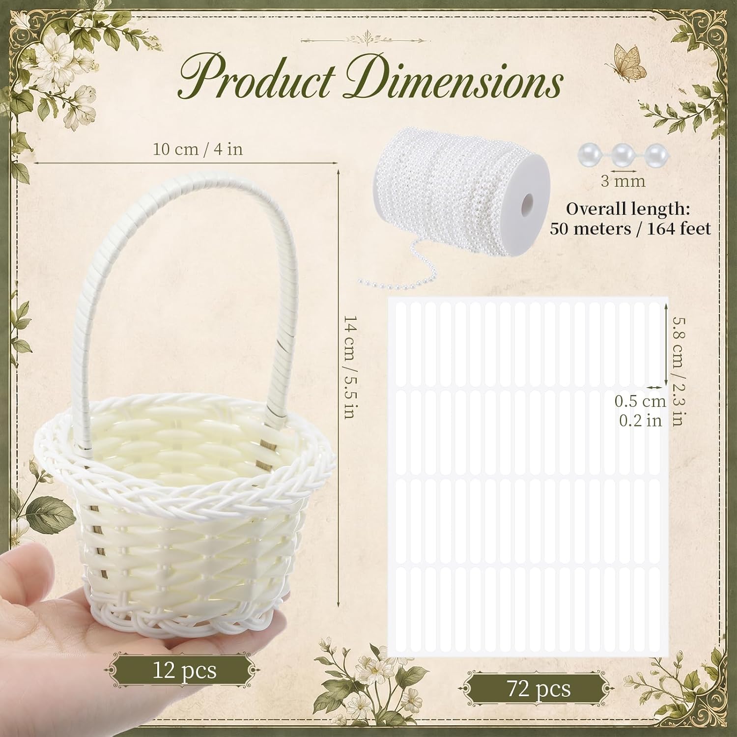 Riceshoot 12 Pcs Mini DIY Woven Flower Girl Baskets 6.1'' x 3.5'' with 164 ft Pearl Beads Garland and 72 Adhesive Tape Small Resin Wicker Candy Basket for Wedding Decor Guest Favors Table Centerpiece