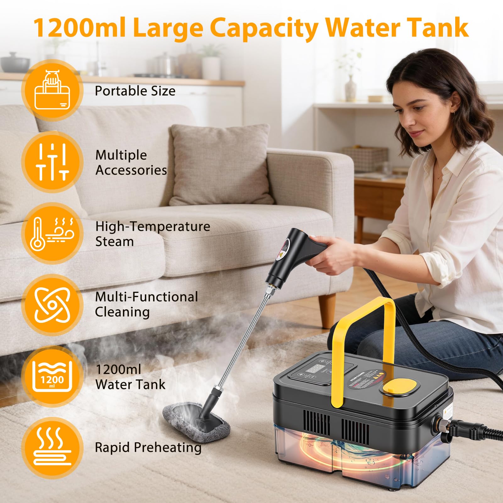 Vaporeta Limpieza Hogar-2500W,Vaporeta con 14 Accesorios,6 Niveles Ajustables, Calentamiento Rápido de 15s,Depósito de Agua de 1.2L, Vapor a 120 °C, Para Automóviles, Hogar, Cocina, Ventanas, Pisos