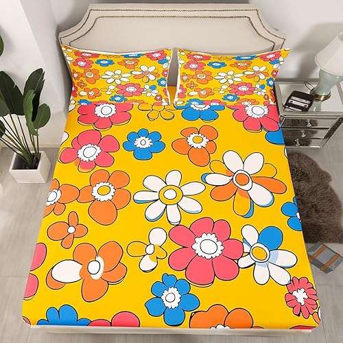 Miniatura 2 de Lindo juego de ropa de cama retro con estampado de flores, tamaño Queen, juego de sábanas coloridas de Kawaii para dormitorio de niños y niñas,