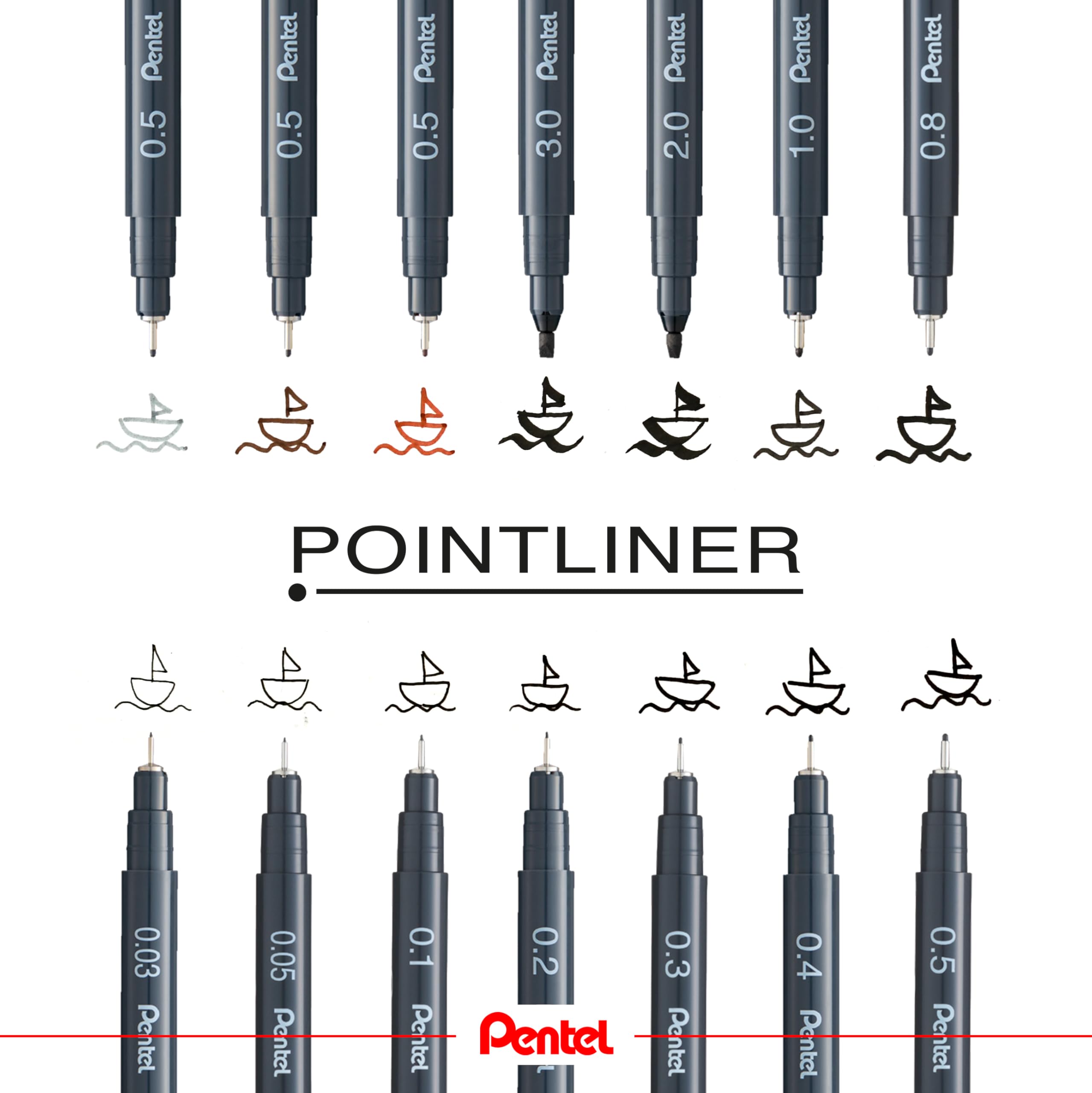 Pentel Pointliner Pigment Liner S20P - Pennarelli a punta fine, da 0,03 mm a 3,0 mm, inchiostro nero, seppia, sanguina e grigio, confezione da 14