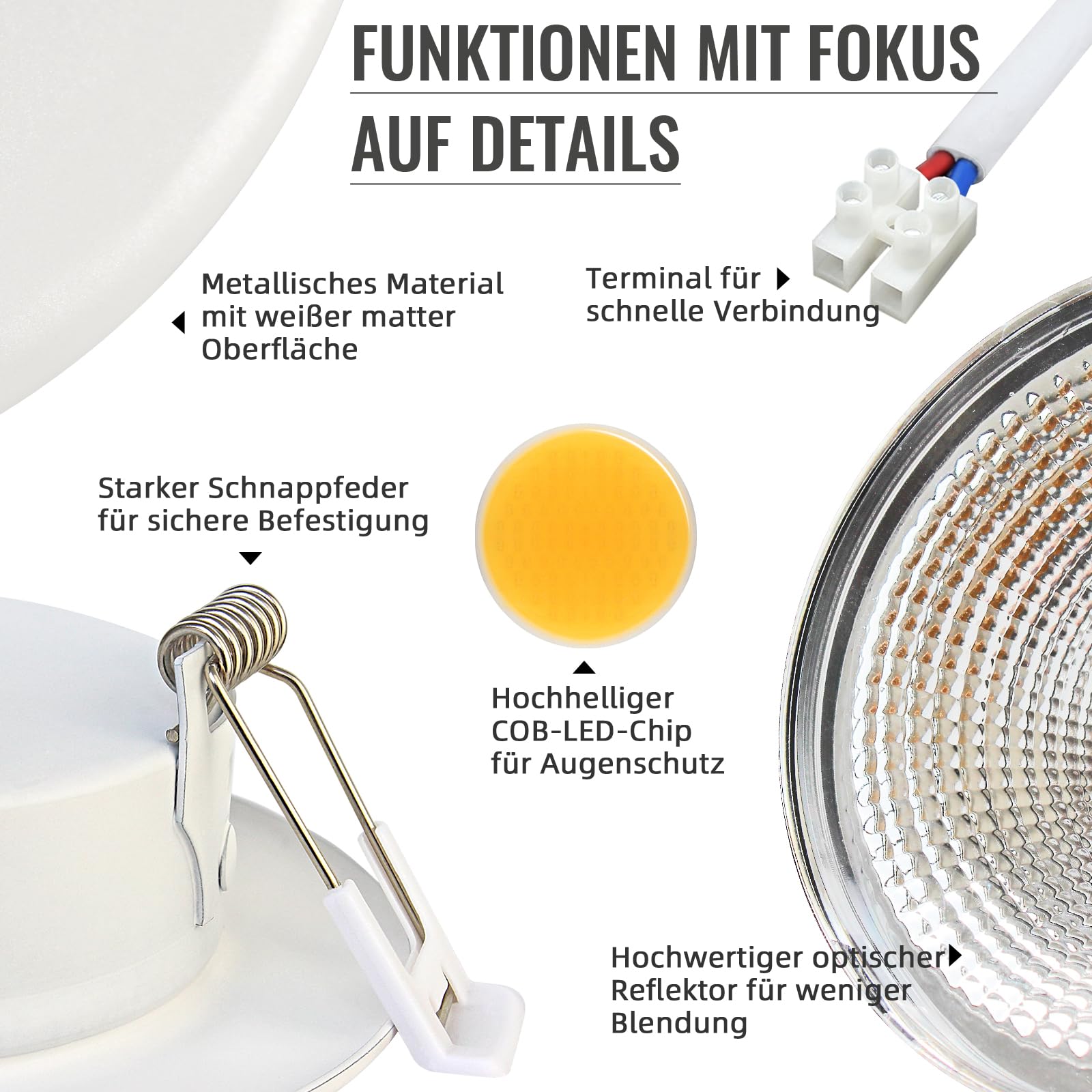 6er Einbaustrahler LED 10W Dimmbar LED Spots 230V Weiß Rund Deckenspots 3000K Warmweiß Einbauleuchten 65-88mm Lochmaß 850LM Einbauspots für Küche Wohnzimmer