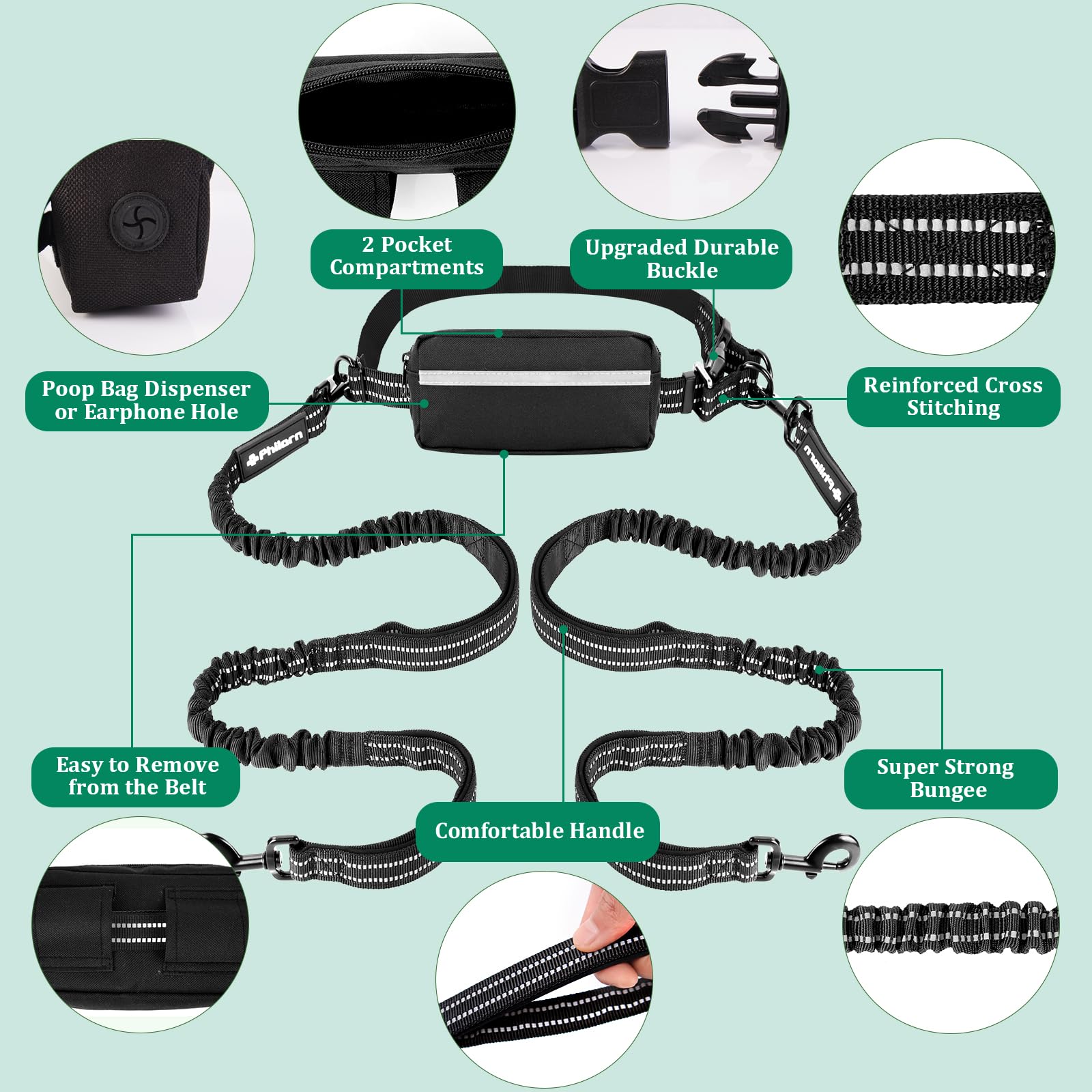 Philorn Hands Free Dog Lead with Adjustable Waist Belt for Medium Large 2 Dogs, Waist Dog Lead for Running Walking, Jogging - Image 3