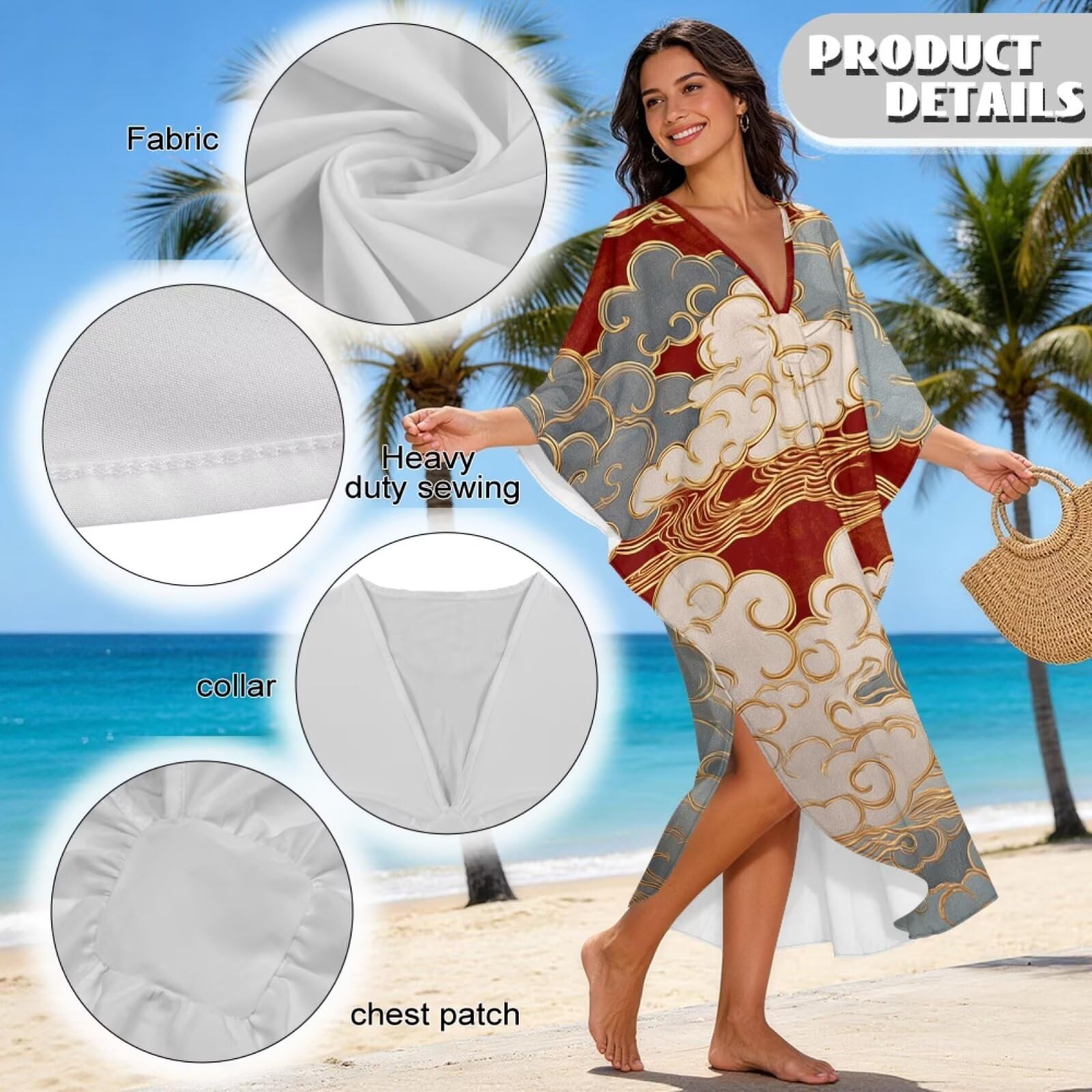 Poceacles Vestito da spiaggia da donna, caftano, abito da spiaggia, copricostume da bagno, estetico asiatico, orientale, grafico
