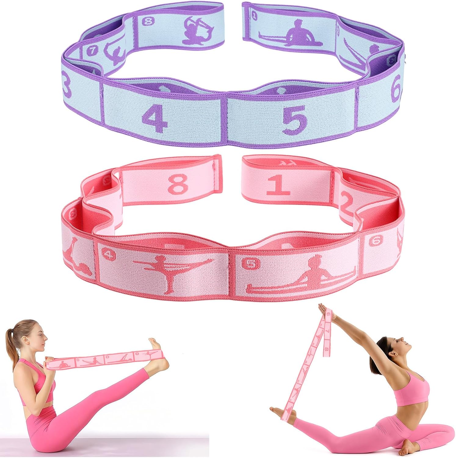 2Pcs Yoga Straps for Stretching Strap Elastic for Kids, Pilates Stretch Band with 8 Loops Ballet Dance Band Stretch Resistance Bands for Children Stuff Pilates Latin Yoga Exercise Equipment