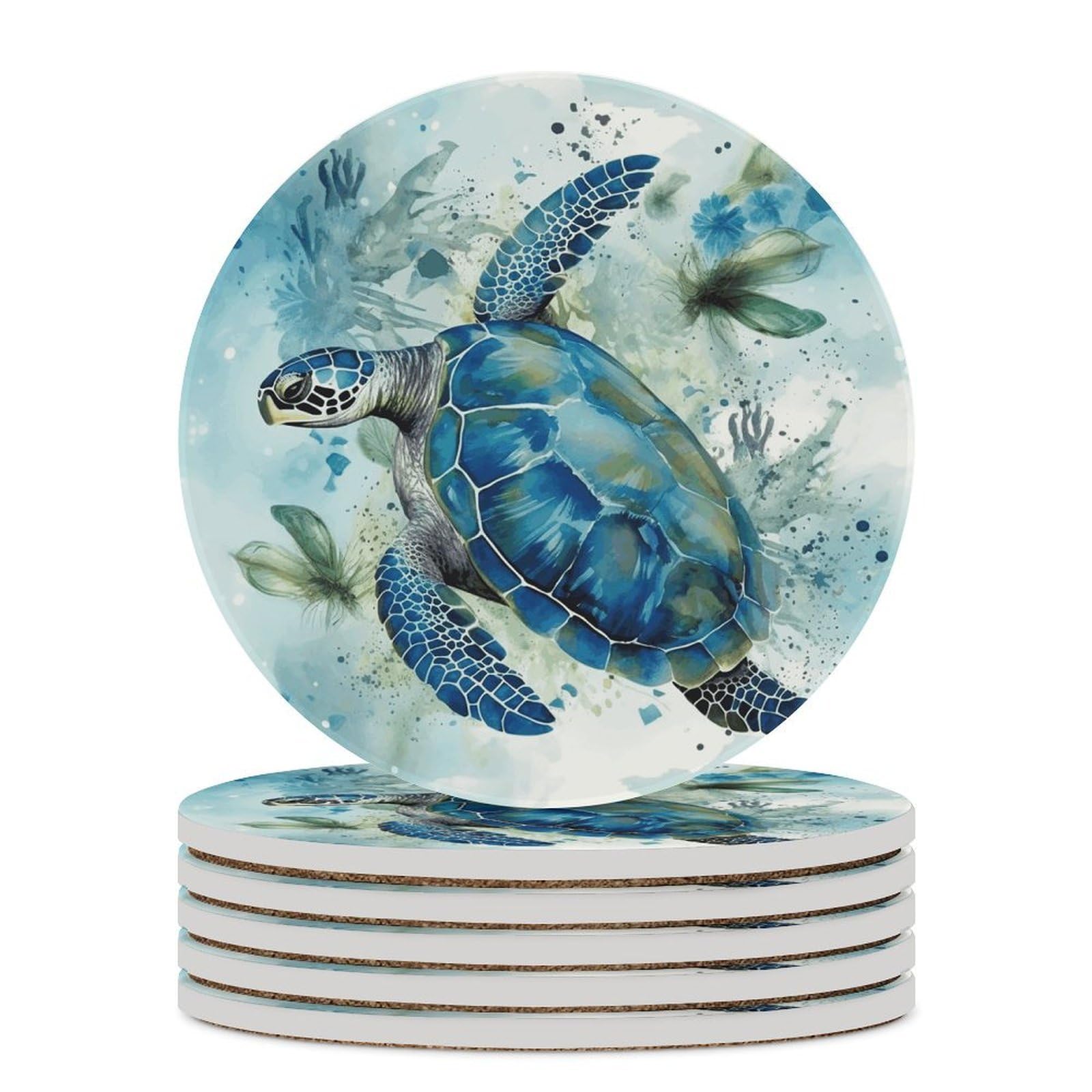 Sea Turtle-Blue Coaster with Cork Base Drink Coasters for Coffee Table Decor Modern Cup Coasters with Non-Slip & Heat-Resistant Cute Ceramic Table Coaster for Home Dining