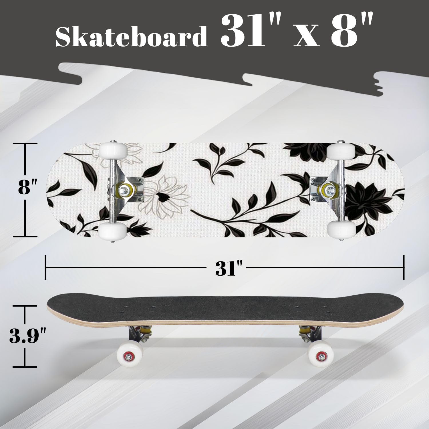 Complete Skateboard with Black White Floral Pattern Beginner Skateboard 7-Layer Maple Wood Double Kick Concave Skateboards for Kids, Adults, Teens 31