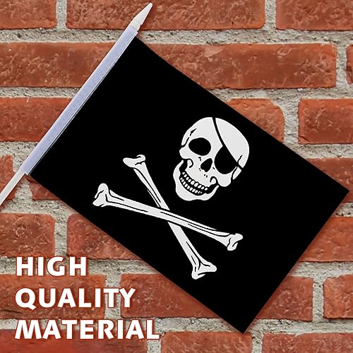 Miniatura 2 de Paquete de 24 mini banderas de pirata de mano Jolly Roger, bandera pirata pequeña en palo para recuerdos de fiesta pirata, 5 x 8 pulgadas con poste