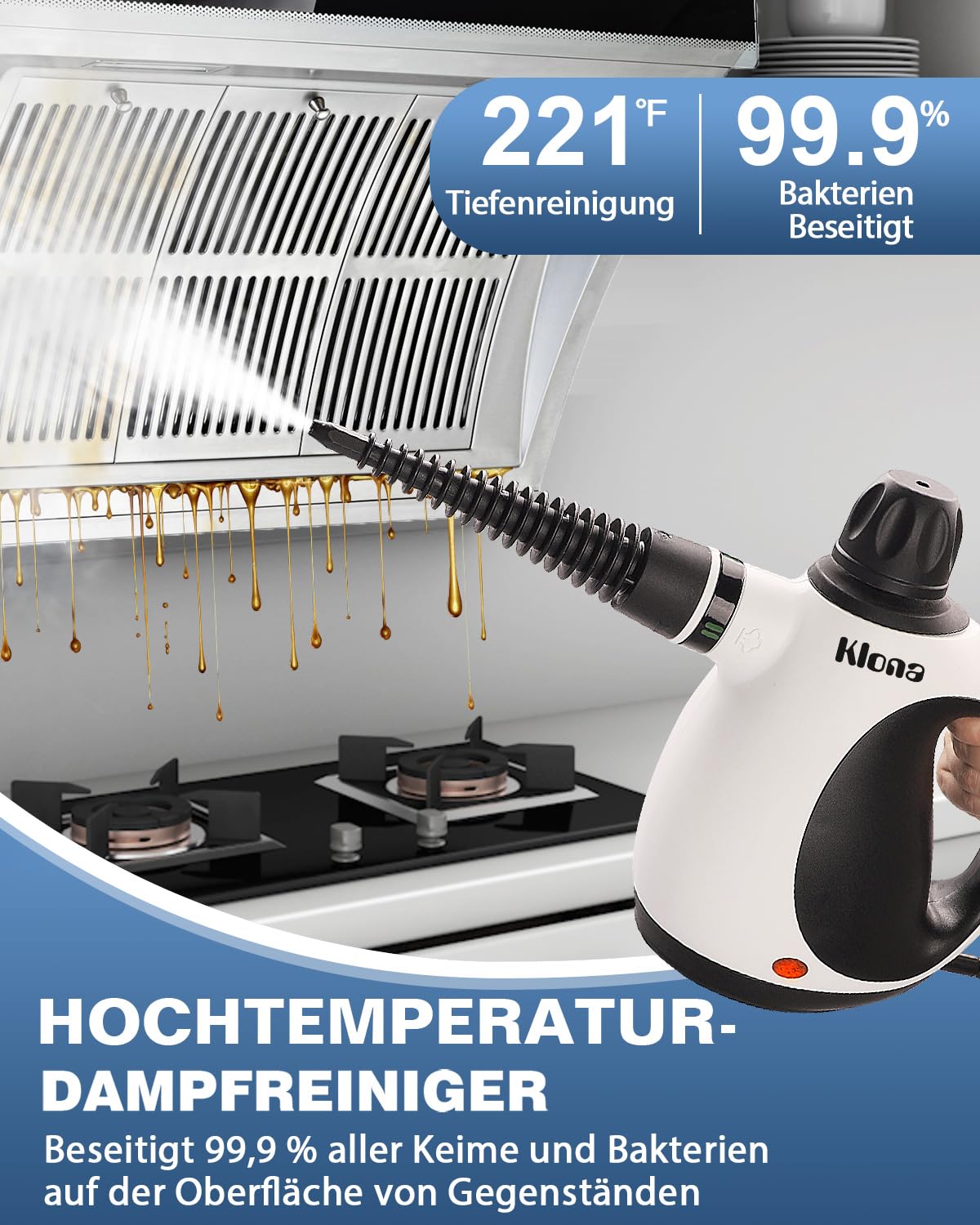 KLONA Handdampfreiniger, Dampfreiniger für Zuhause, Mehrzweck-Dampfreiniger mit 10 Zubehörteilen für Teppiche, Vorhänge, Sofas, Küche, Badezimmer und mehr.
