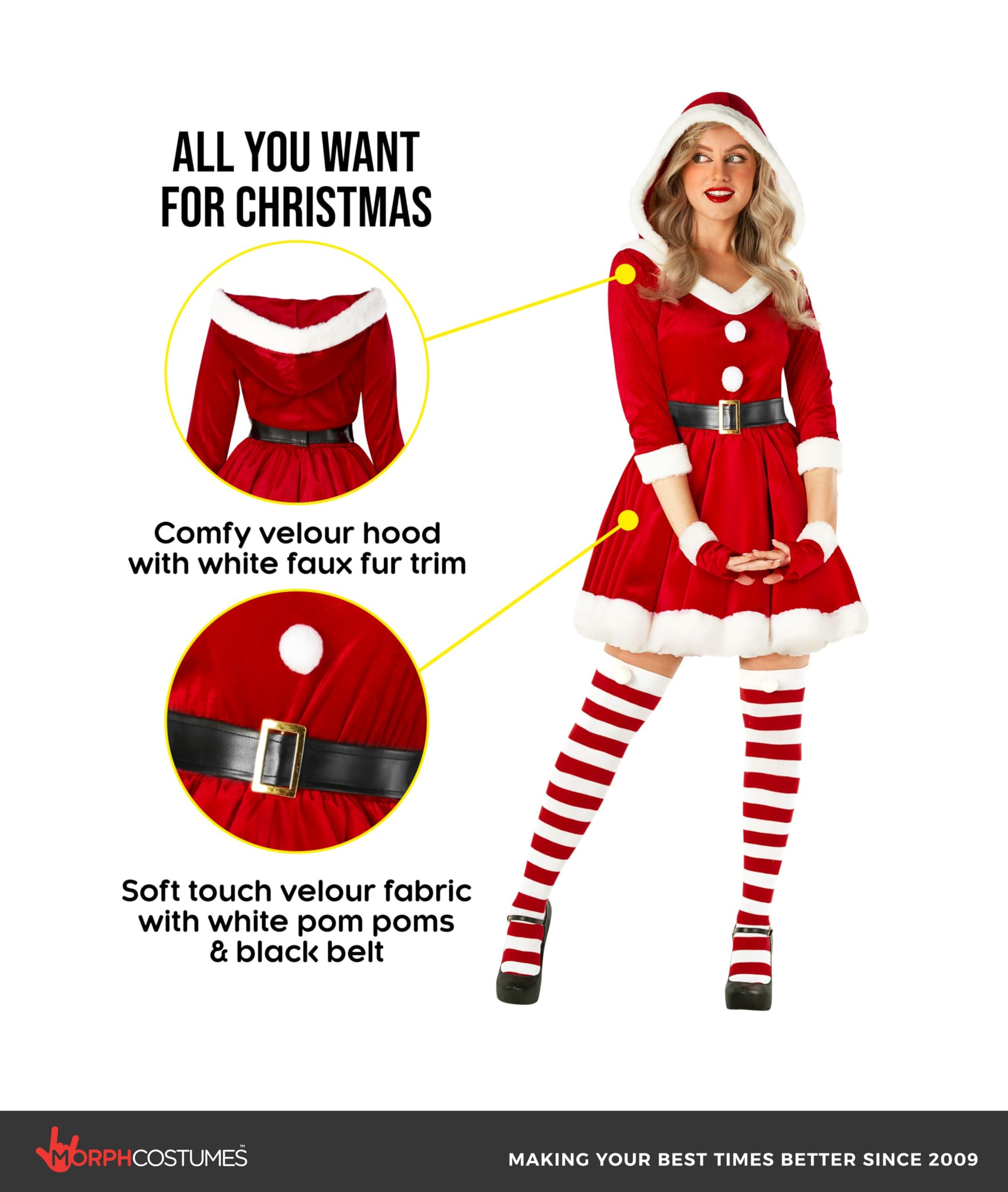 Morph Deguisement Mere Noel Femme, Costume Noel Halloween Femme | Robe Rouge à Capuche, Ceinture, Mi-Gants & Bas, Tenue de Noël Complète, Parfait pour Halloween, Idéal pour se Déguiser
