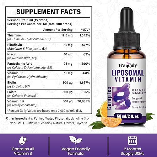 Miniatura 2 de Gotas líquidas de complejo de vitamina B liposomal para una mejor absorción, suplemento vitamínico sublingual de complejo B con B12, B1, B2, B3, B5,
