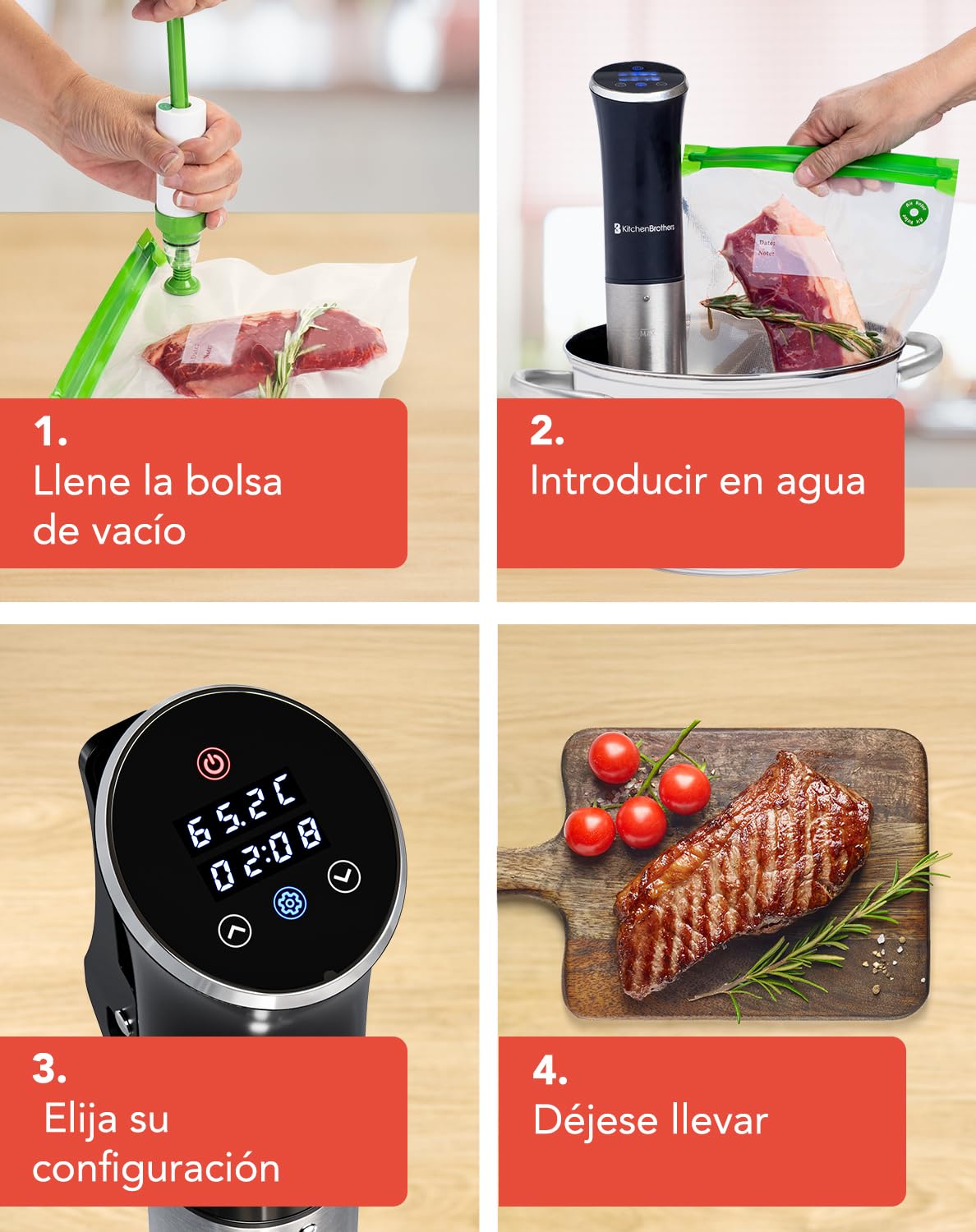 KitchenBrothers Sous Vide - Roner Cocina Baja Temperatura - Electrodomesticos y Accesorios de Cocina - Completo con Libro - 0 a 95℃, Ajustable en 0,2℃ - 1200W (Negro con accesorios)