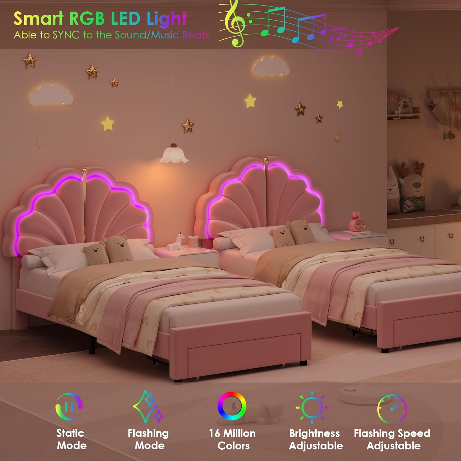 Keyluv Twin Princess Bed Frame with Storage Drawers, Soft Velvet Upholstered LED Platform Bed with Adjustable Cute Shell Headboard, No Box Spring Needed, Noise-Free, Pink - Image 4