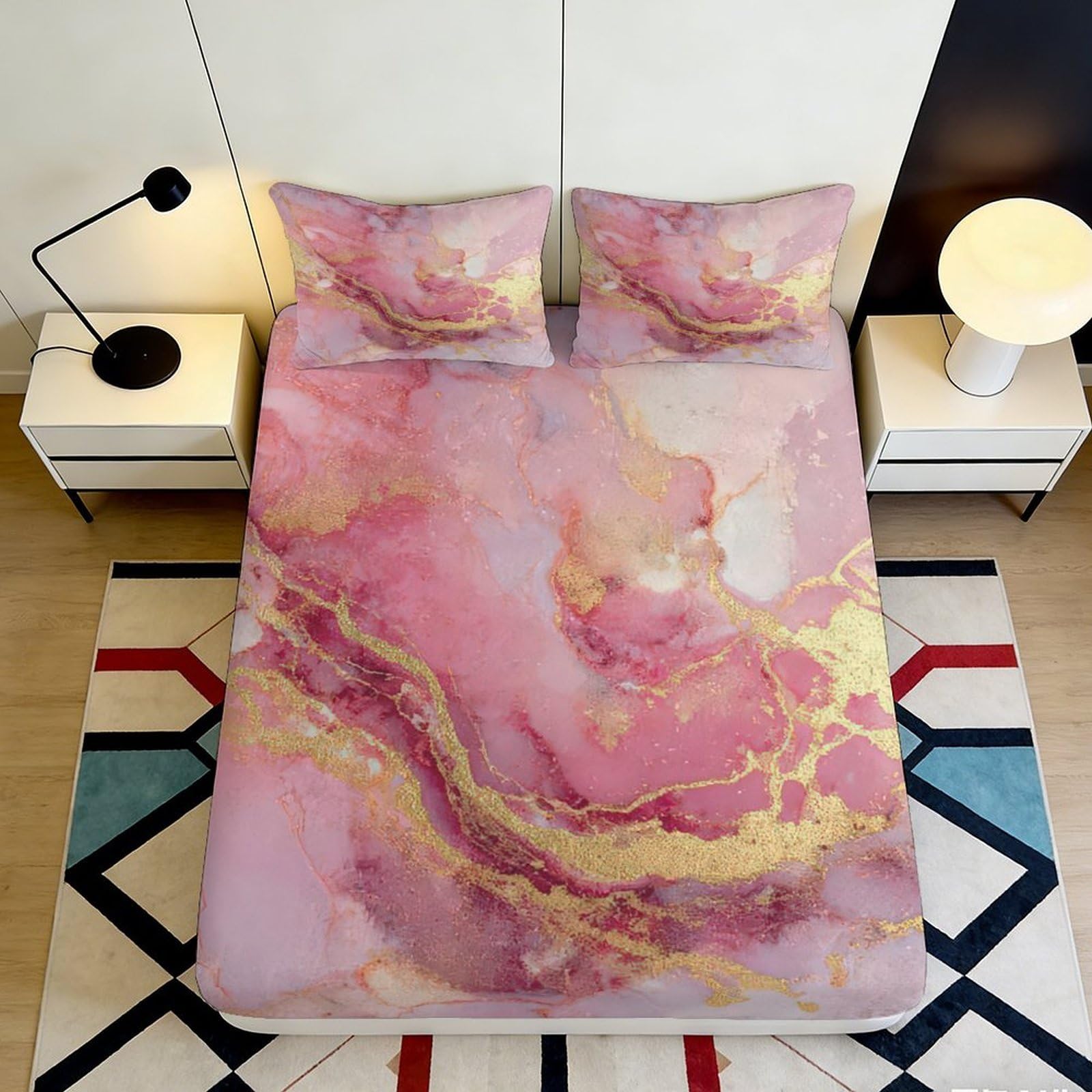 Jqzkxnhpbr Style-3 3D Printed Pink Marble Fitted Sheet Microfiber Soft Breathable Gold Vein Bed Cover For Bedroom Guest Room Decor 90X200x25cm