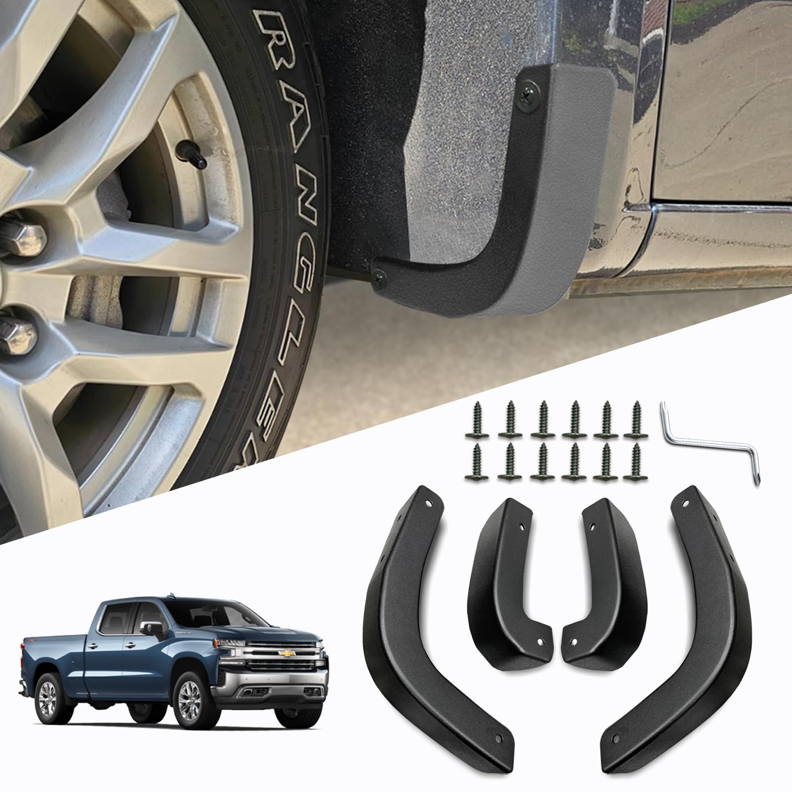 Mud Flap Deletes for Chevy Silverado - Front &amp; Rear Mud Flap Replacement Kit for 2019 2020 2021 2022 2023 2024 2025 2026 Chevy Silverado 1500 (4PCS)