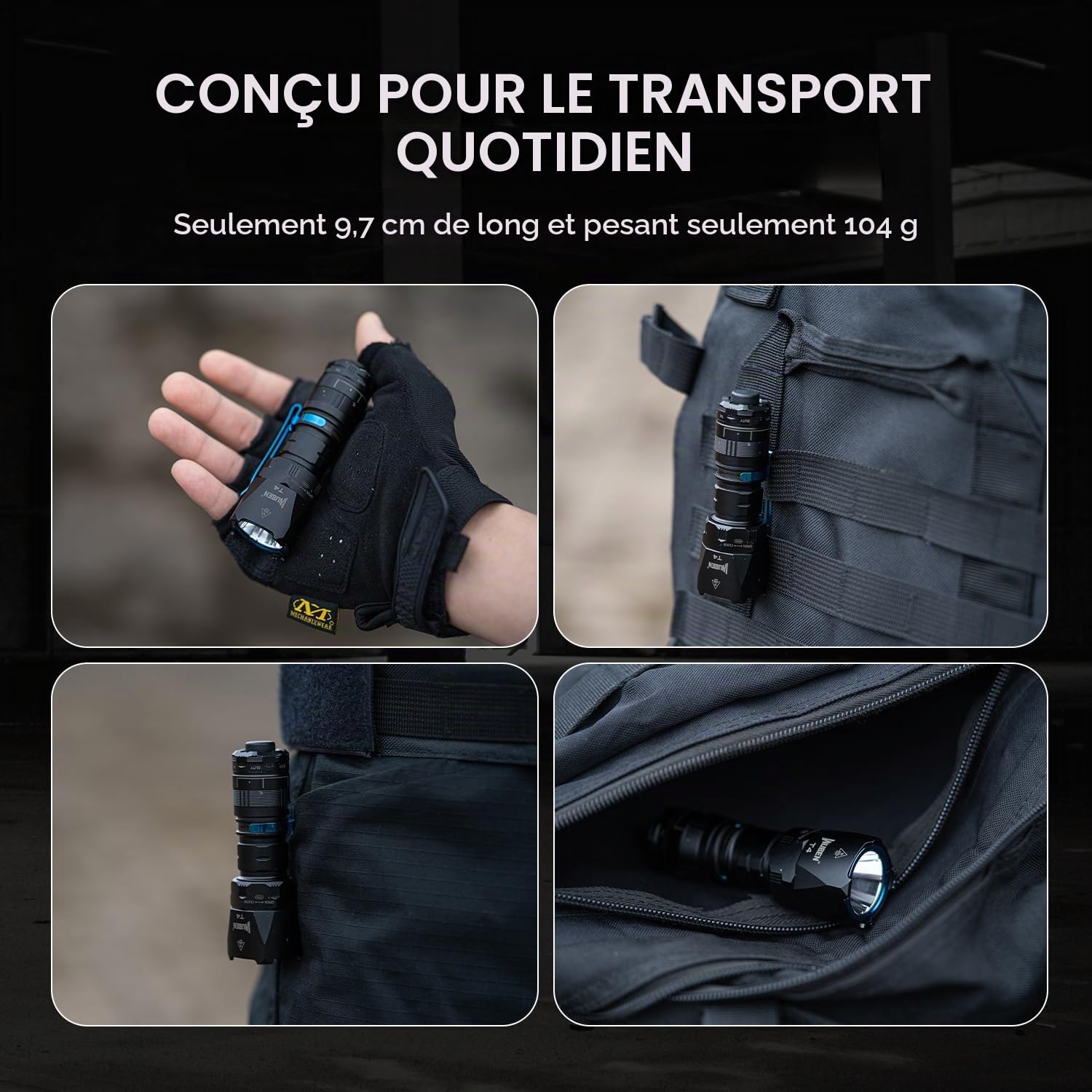 WUBEN T4 Lampe Torche LED Rechargeable, longue portée de 400 m, avec anneau tactique, lampe torche de camping étanche IP68 pour la maison, l'inspection, les urgences, la randonnée et le travail.