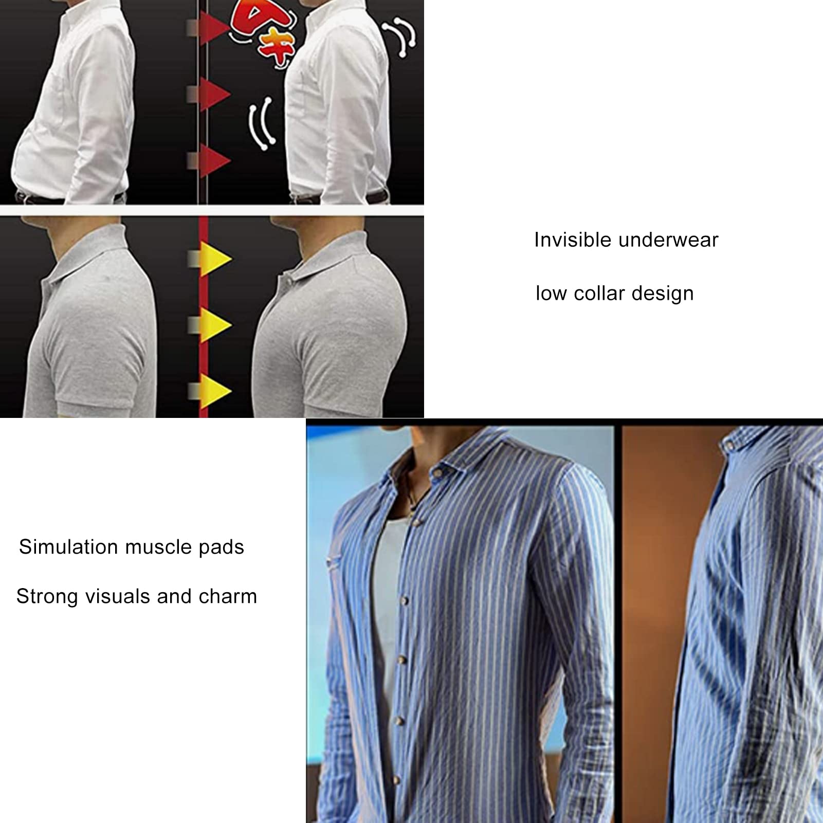 Body Shaper Schlankheitsshirt für Herren Herren Halbarm Falsche Muskel T-Shirt Shaper Gepolsterte Schultern Pad Komfort Niedriger Kragen Unterwäsche,Weiß,L(M)