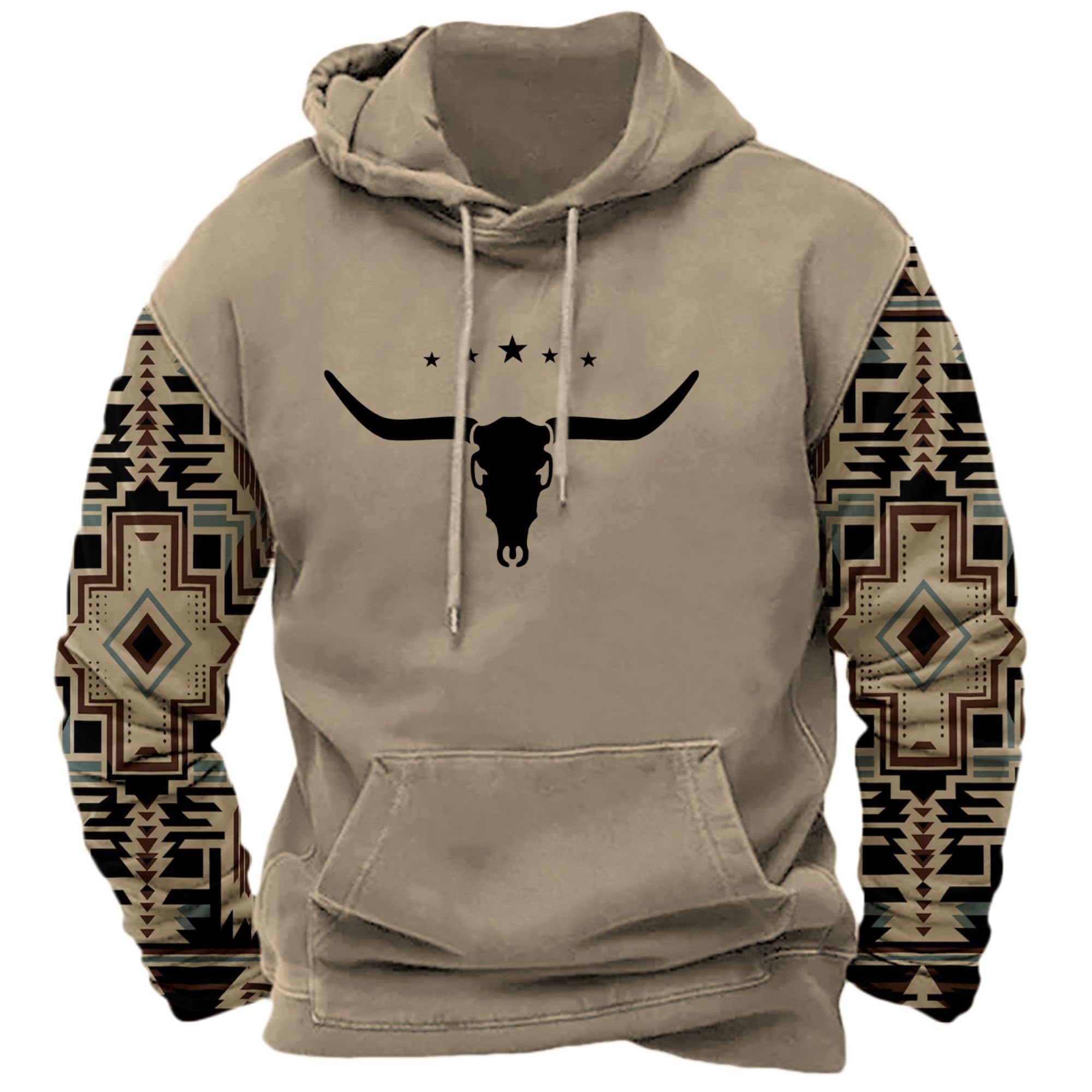 DMOYALA Men's Aztec Cow Skull Hoodie Western Sweatshirt with Hood Vintage Ethnic Tribal Graphic Patchwork Pullvoer