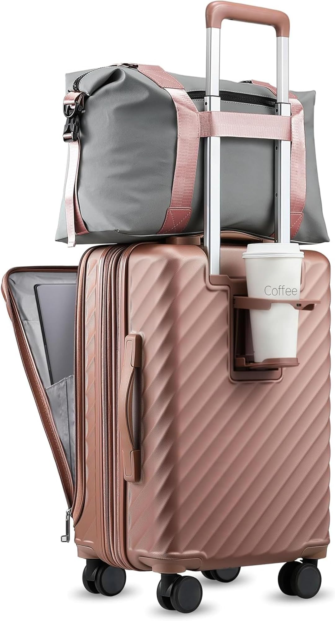 Carry On Luggage with Front Compartment and Cup Holder, KVF Expandable PC Hard Shell Suitcase with Front Pocket (FX-Plus, Rose Gold, 2-Piece (20/Tote))
