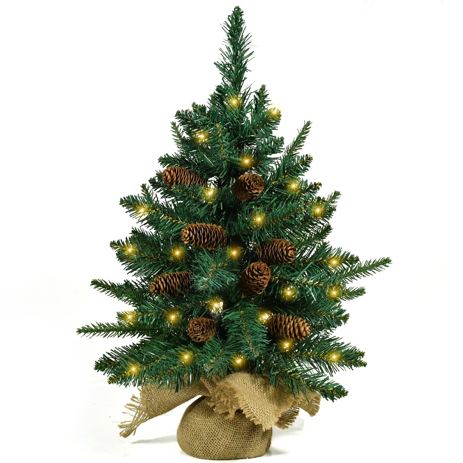 Artificial Mini Christmas Tree with LED Lights, 21 Inch Table Top Christmas Tree with 10 Green Branches and Long Pine Cones for Holiday Decoration