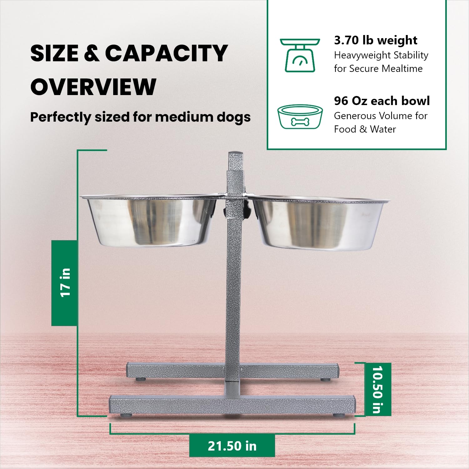 Iconic Pet Comedor Doble Ajustable de Acero Inoxidable para Mascotas de 12 Tazas, 96 onzas