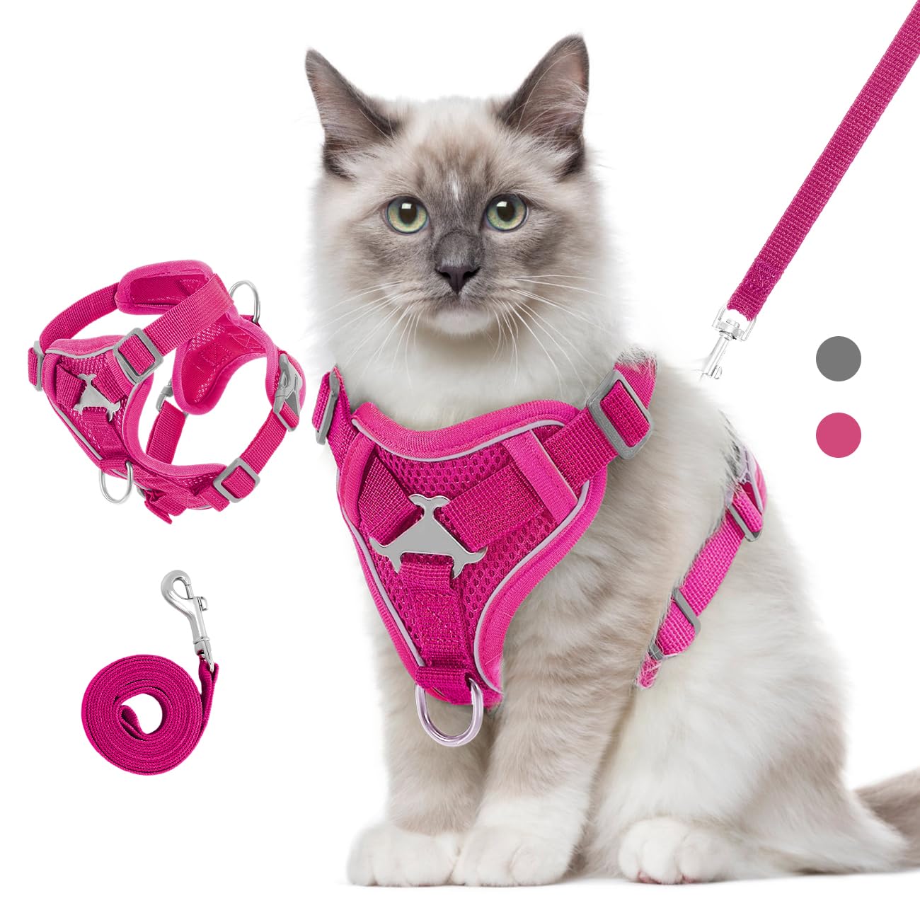 VavoPaw Pettorina per Cani con Guinzaglio da 1,5M, Imbracatura per Gatti Antifuga con Rete Traspirante e Strisce Riflettenti, Gilet Morbido e Regolabile per Cani Gatti, M, Magenta