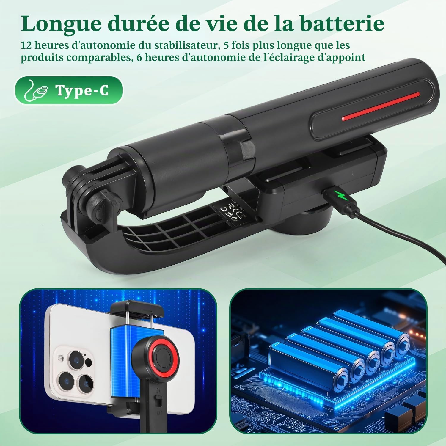Stabilisateur de cardan pour smartphones, cardan de téléphone à 1 axe avec télécommande, perche à selfie portable et pliable et support de téléphone pour stabilisateur de vlogging, vidéos