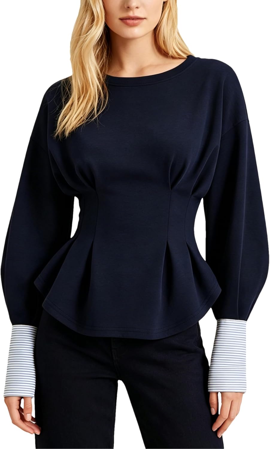 Bozanly Women's Cinch Waist Peplum Sweatshirt Crew Neck Balloon Sleeve Babydoll Pullover Tops