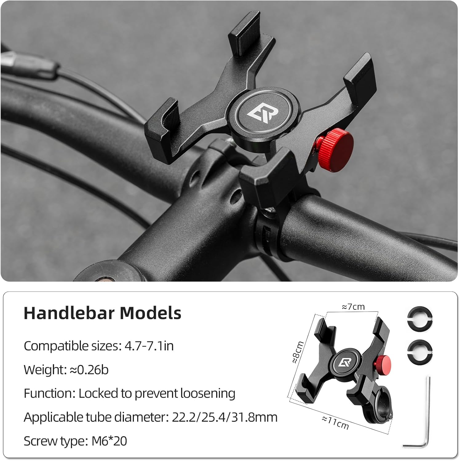 ROCKBROS Bike Phone Holder, Aluminum Bike Phone Mount Holder,Handlebar Mounted Cell Phone Holder for 4.7-7.1 Inch Phones Handlebar Mount - Image 3