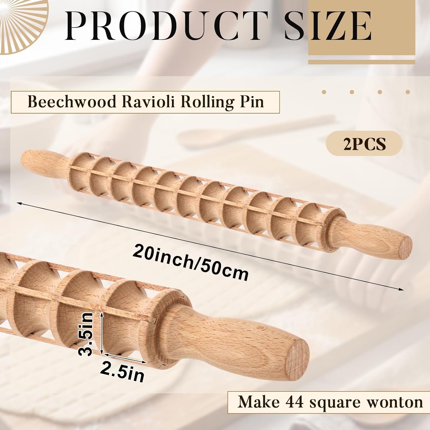 Gisafai 2 Pack 20 Inch Beechwood Ravioli Rolling Pin, Makes 44 Square Raviolis, Wooden Italy Dumpling Rolling Pin for Ravioli, Wonton, Dumplings, Pasta Dough, Gift for Home Cooks, Pasta Lovers