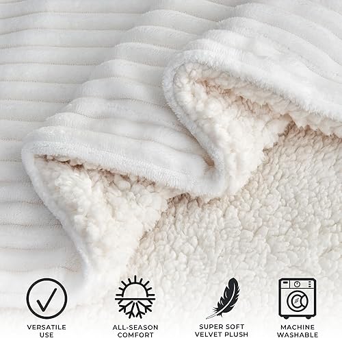 Miniatura 2 de Manta blanca reversible con textura acanalada, mullida y lujosa manta tamaño matrimonial Queen (manta de 90 x 90 pulgadas, blanco)