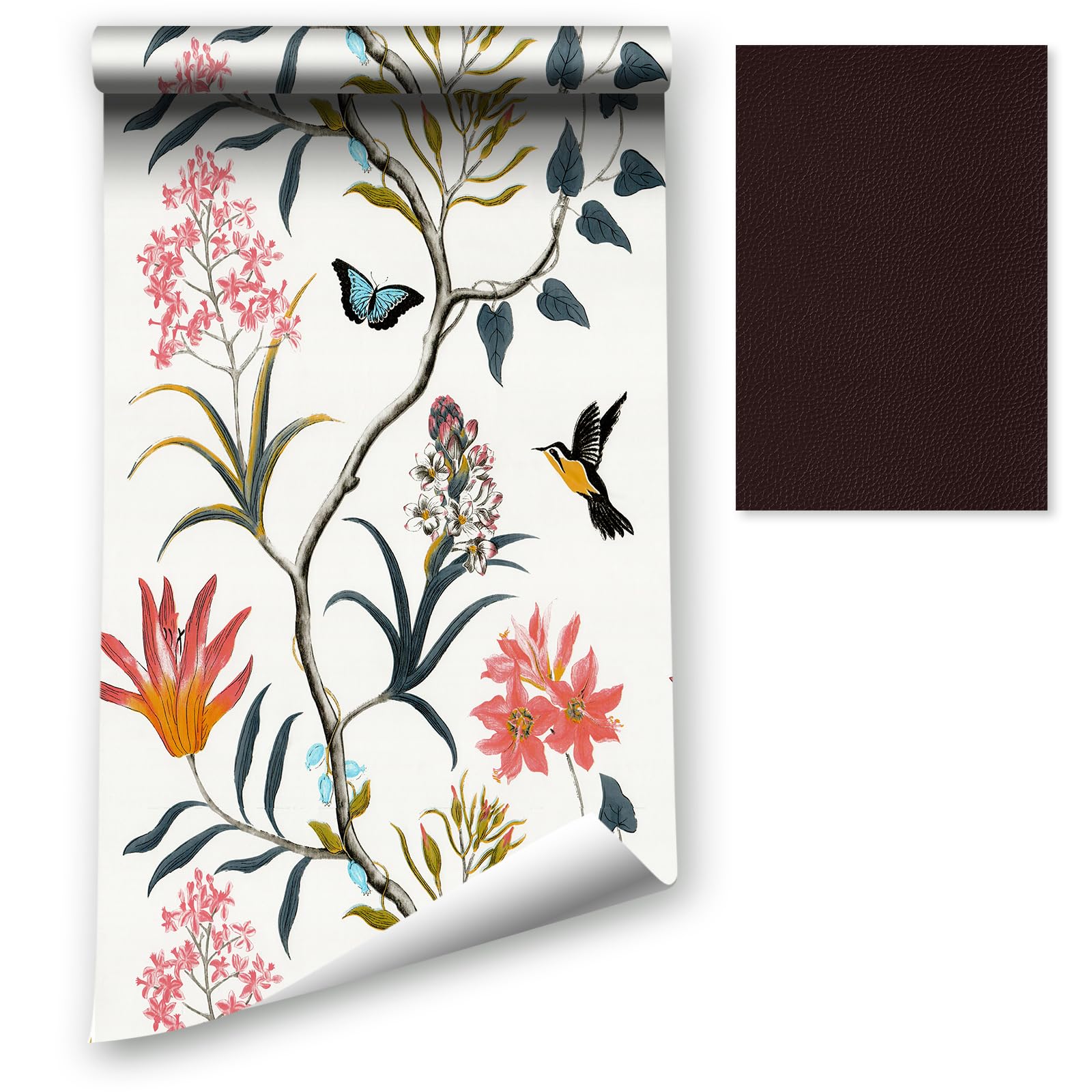 Peel and Stick Wallpaper, 44.5x1200CM Floral Plants Birds Butterflies Contact Wallpaper Landscape Self-adhesive Wallpaper Removable Vinyl Film Room Wall Furniture Covering with Leather Repair Patch