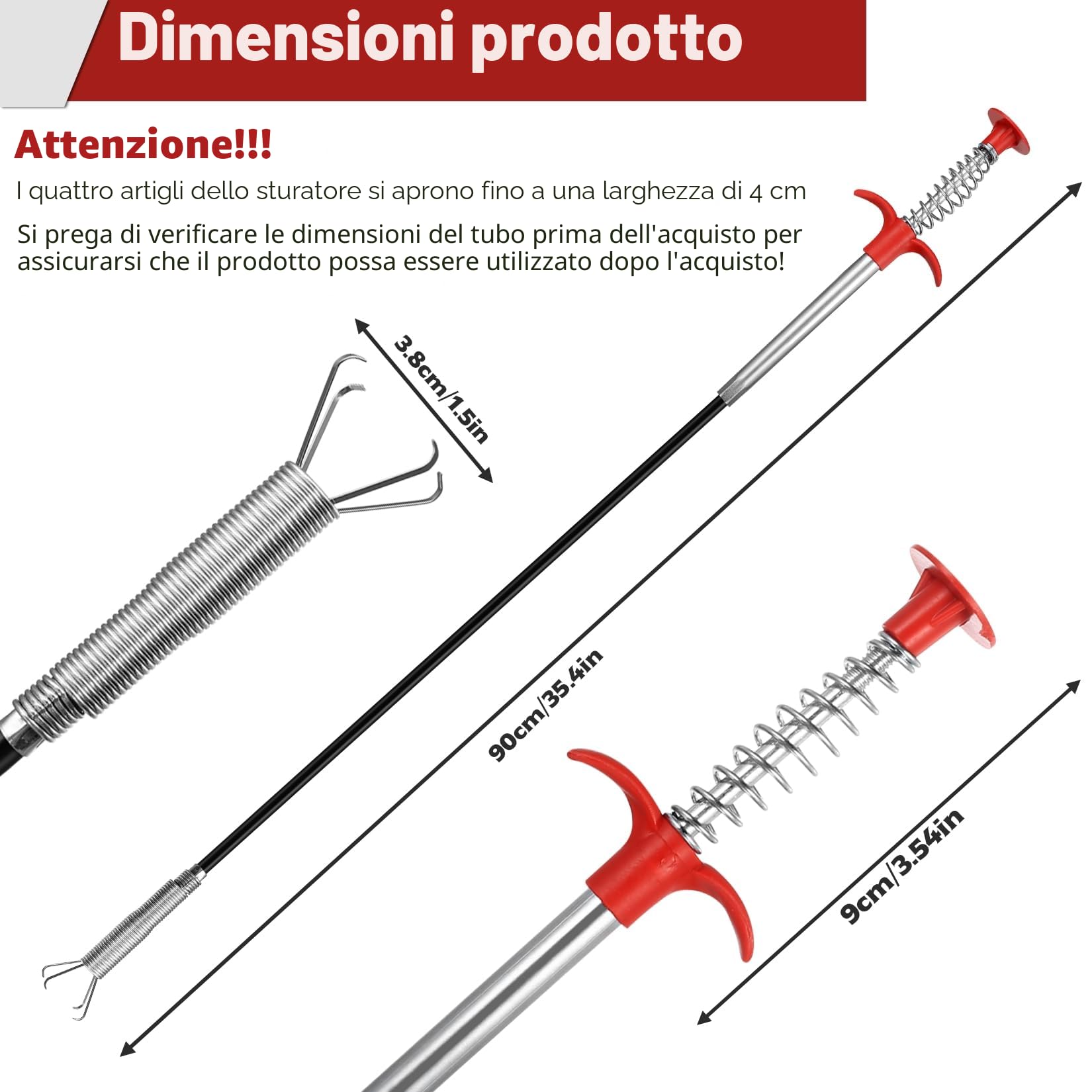 Pinze per Artigli Flessibili, 90cm Pinza Scarico, Stura Lavandini e Scarichi Spirale, Molla Sturatubi per Pulizia Scarichi Pulizia Tubi Lavandino Bagno Cucina Lavandino Fogne (90 cm)