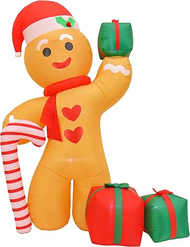 National Tree Company First Traditions - Hombre de jengibre inflable festivo con sombrero, bastón de caramelo, regalos, decoración de césped