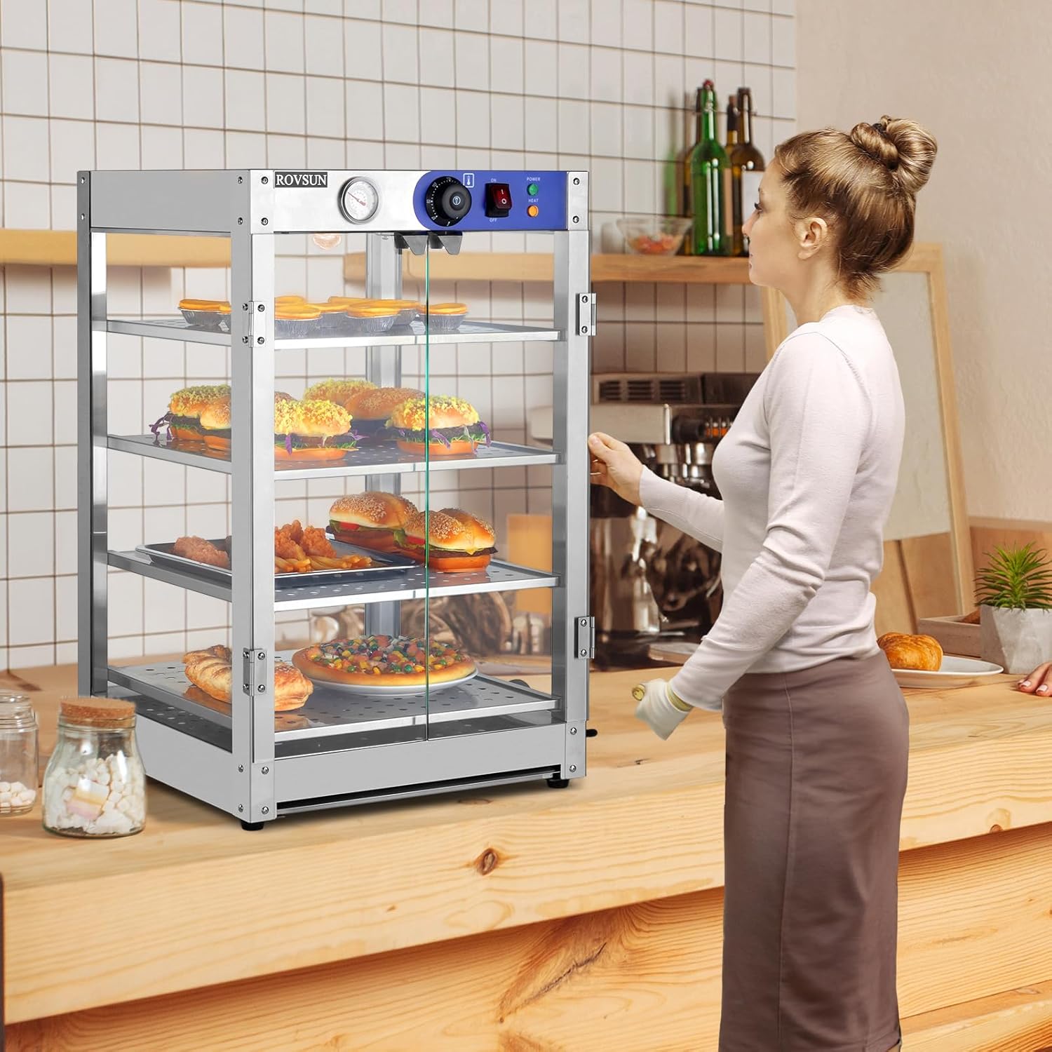 ROVSUN Food Warmer Display Pizza Warmer, Commercial Countertop Food Warmer Electric with Removable Shelves LED Lighting Glass Door, Pastry Display Case for Restaurant Buffet 800W (4 Tiers)