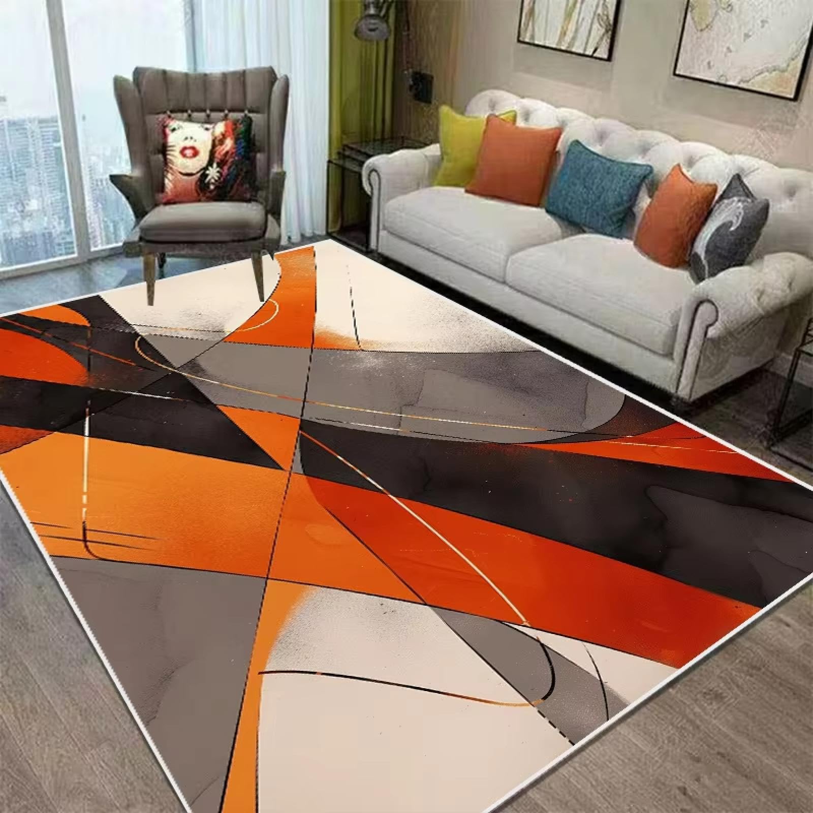 Tapis de salon moderne orange et antidérapant pour créer un coin canapé cosy