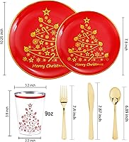Vista 2 de LIYH 150 Pcs Plastic Christmas Dinnerware Set, Red Plastic Dinner Dessert Disposable Plates, Gold Silverware, Red Christmas Disposable Cups 10 OZ