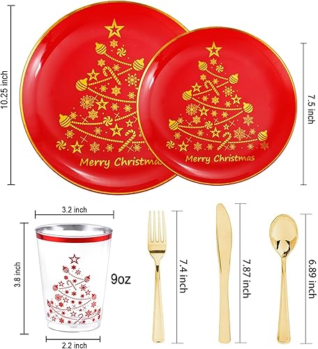 Miniatura 9 de LIYH - Juego de vajilla de plástico para árbol de Navidad, 150 piezas, decoraciones de fiesta de vacaciones, incluye 25 platos llanos rojos, 25