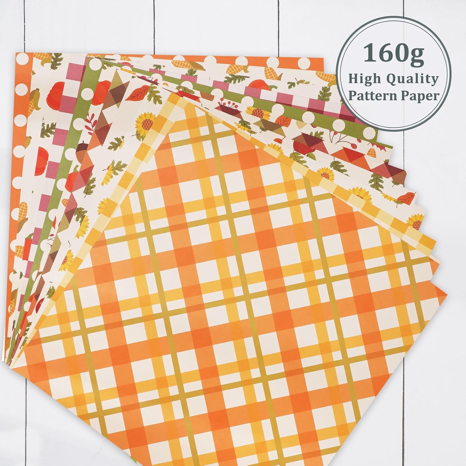 Whaline 24 Pcs Fall Pattern Paper, Autumn Leaves Pumpkin Plaid Waves