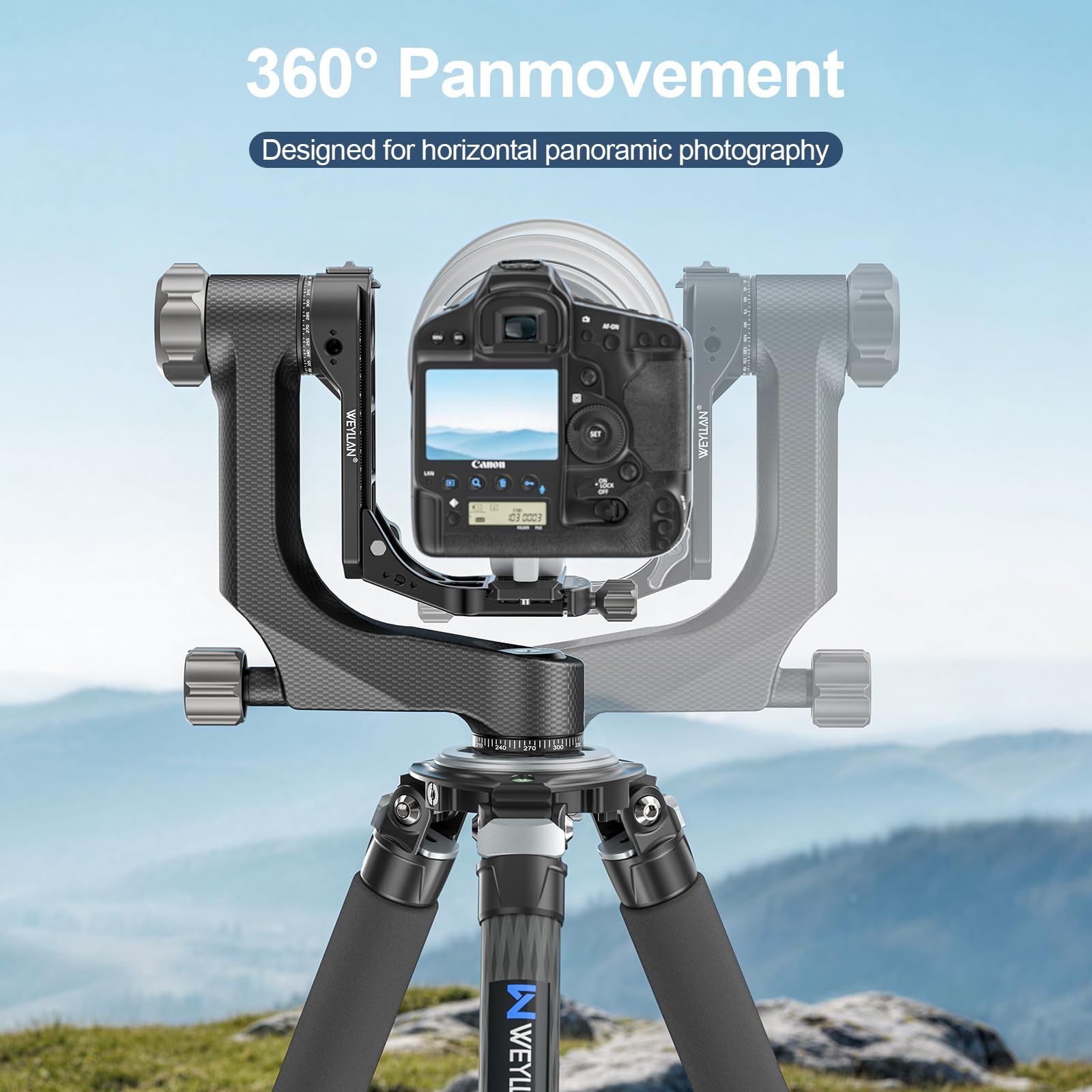 WEYLLAN Gimbal Testa Treppiede Professionale in Fibra di Carbonio, Gimbal Testa Panoramica a 360°, con Piastra a Sgancio Rapido Arca-Swiss da 1/4'' e 3/8'', per fotocamera DLSR, Carico Max 20kg