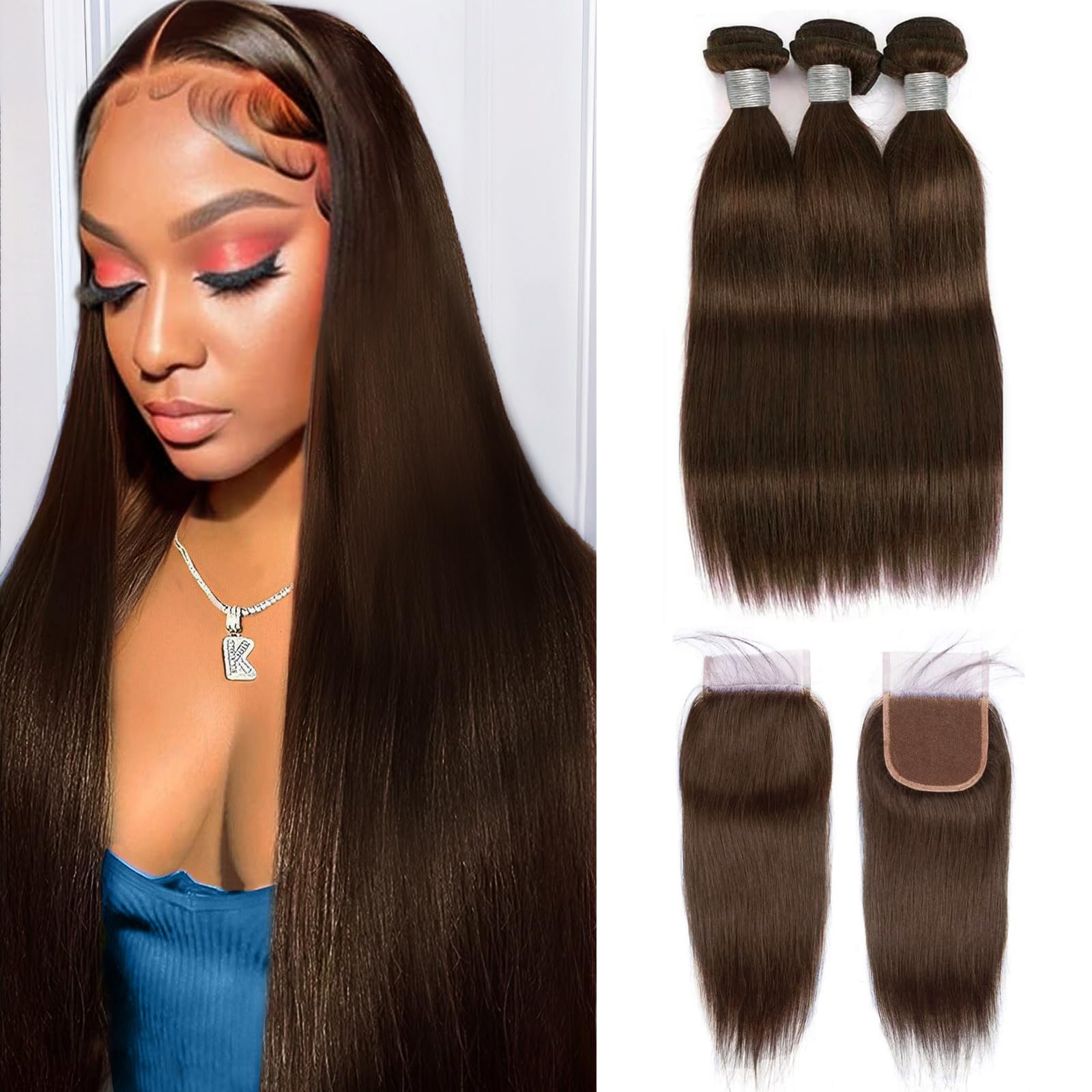 Straight Human Hair Bundles with Closure 18 20 22+18inch Dark Brown Bundles Human Hair 3Bundles with 4x4 HD Lace Closure Free Part 12A Grade Brazilian