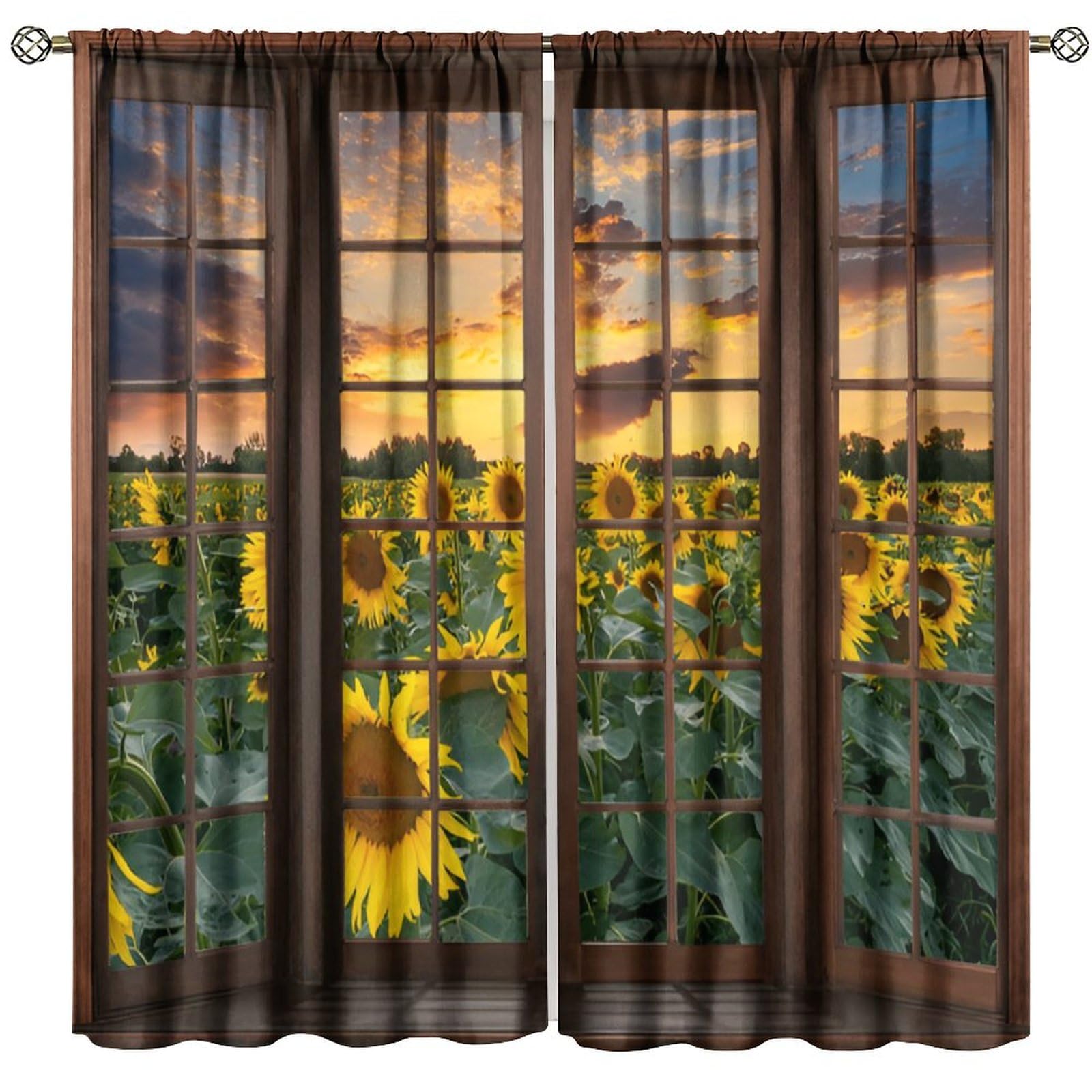 Wallira Sunflower Curtains,Yellow Floral Natural Scenery Vintage Rustic Wooden Window Print Blackout Window Treatments for Bedroom Living Room