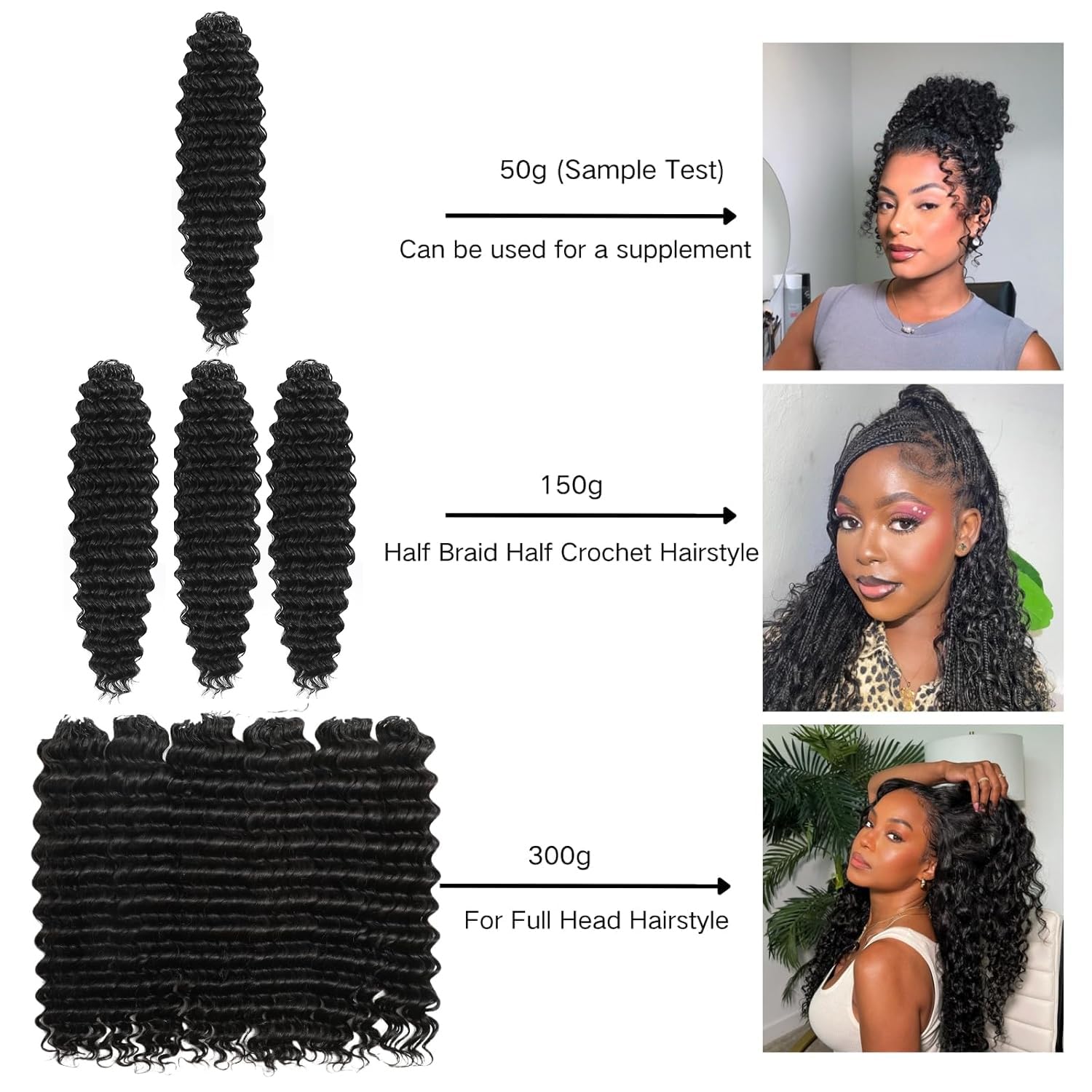 Deep Wave Knotless Pre-Separated Crochet Hair Extensions Human Hair Crochet Hair Natural Black Feather Crochet Extensions De Cheveux Cheveu Humain 16 Pouces 100g