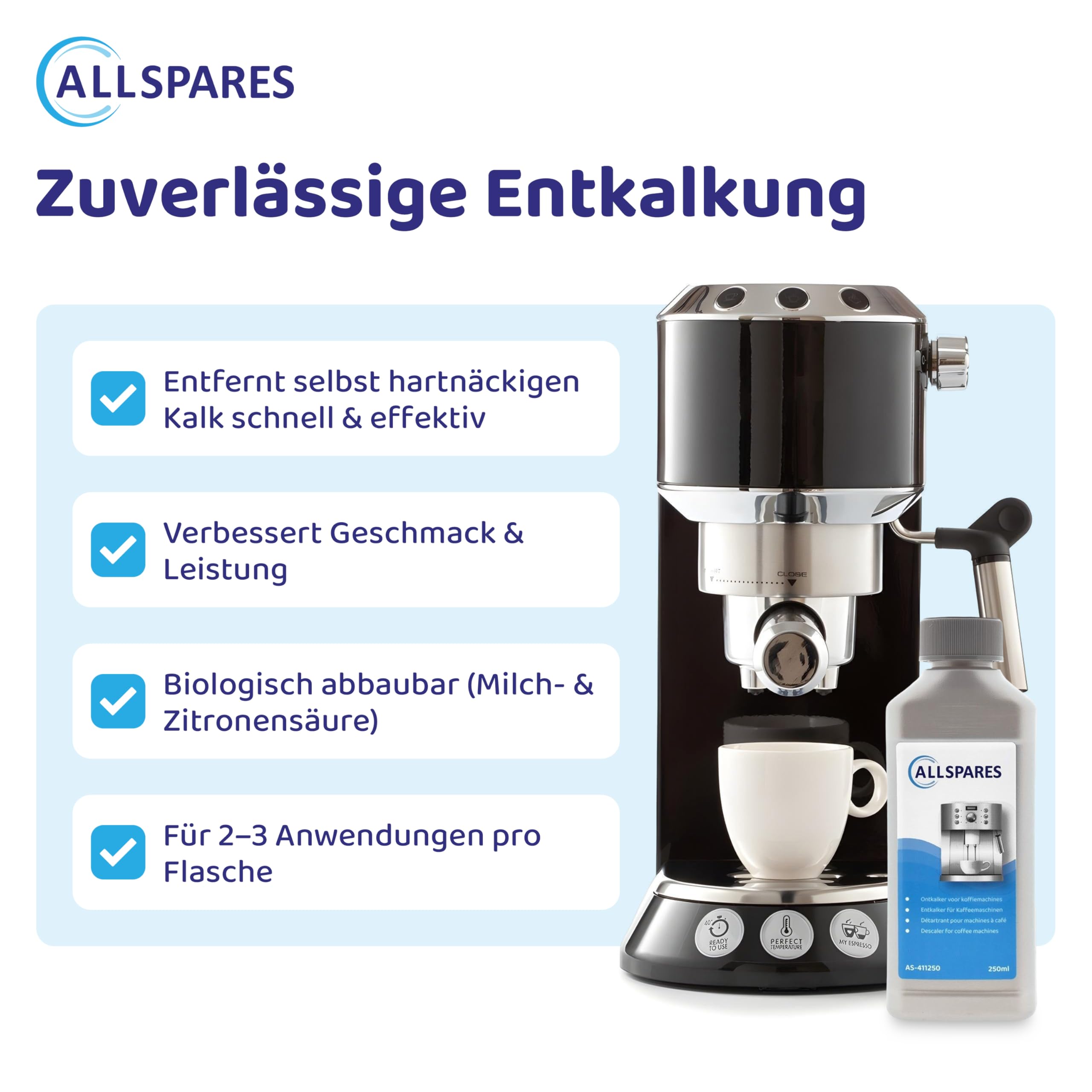 AllSpares universal Flüssig-Entkalker (12 x 250ml) für Kaffeemaschinen geeignet für Philips Saeco CA6700, CA6701 | Gaggia 21001681, RI9111 | Melitta 6762517 | Nespresso