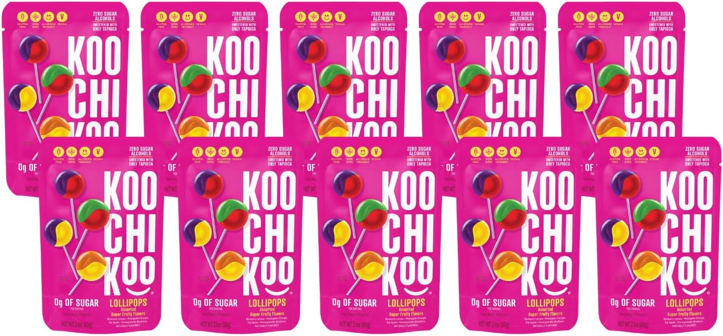 Sugar Free Lollipops Pouch, Assorted Fruit Flavors, No Sugar Added, Gluten Free & Vegan, 10 CT Lollipops Per Pouch (Pack of 10 Pouches)