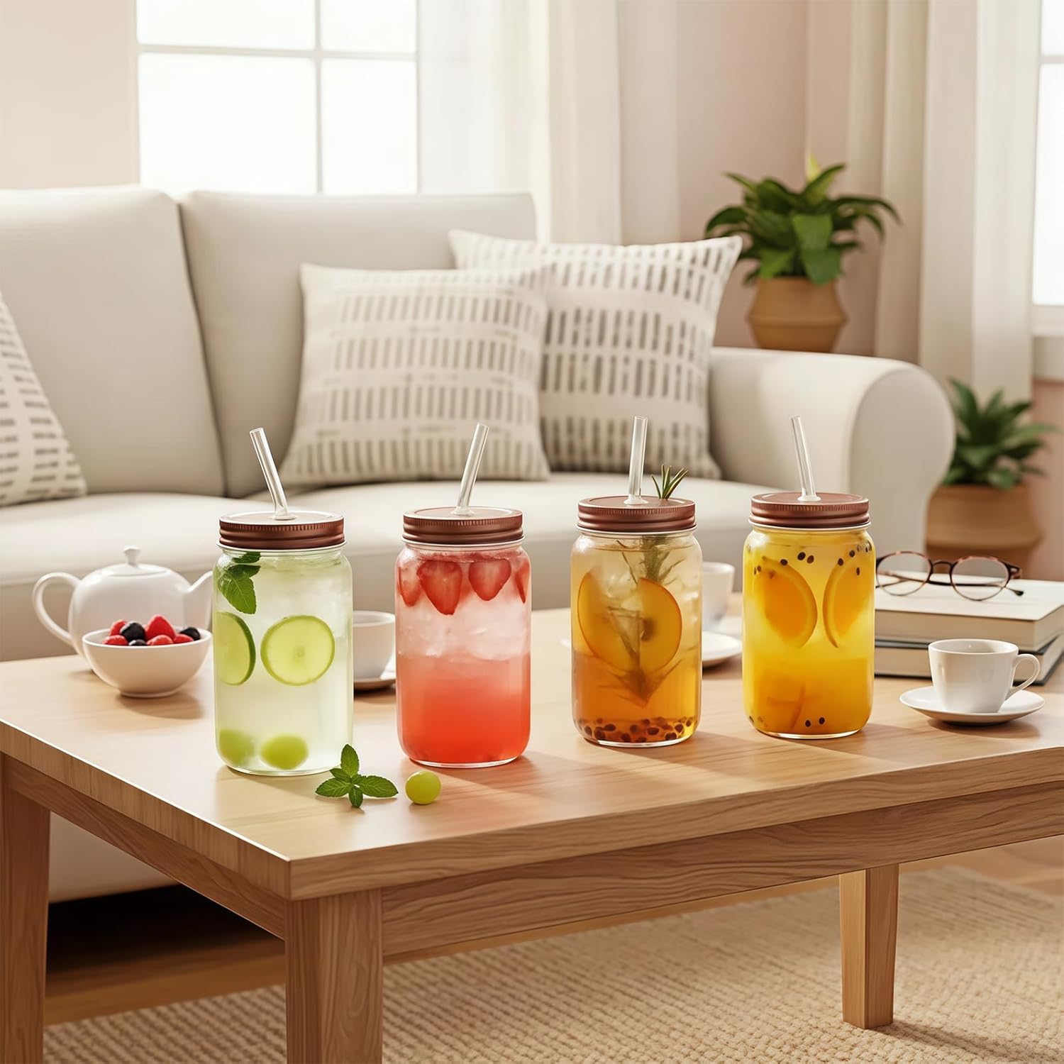 16oz Glass Cups with Lids and Straws - 4Pcs Drinking Glasses Set for Coffee Bar Accessories,Iced Coffee Cups with Lids,Matcha Cup Glass Tumbler Reusable for Gifts - Image 2